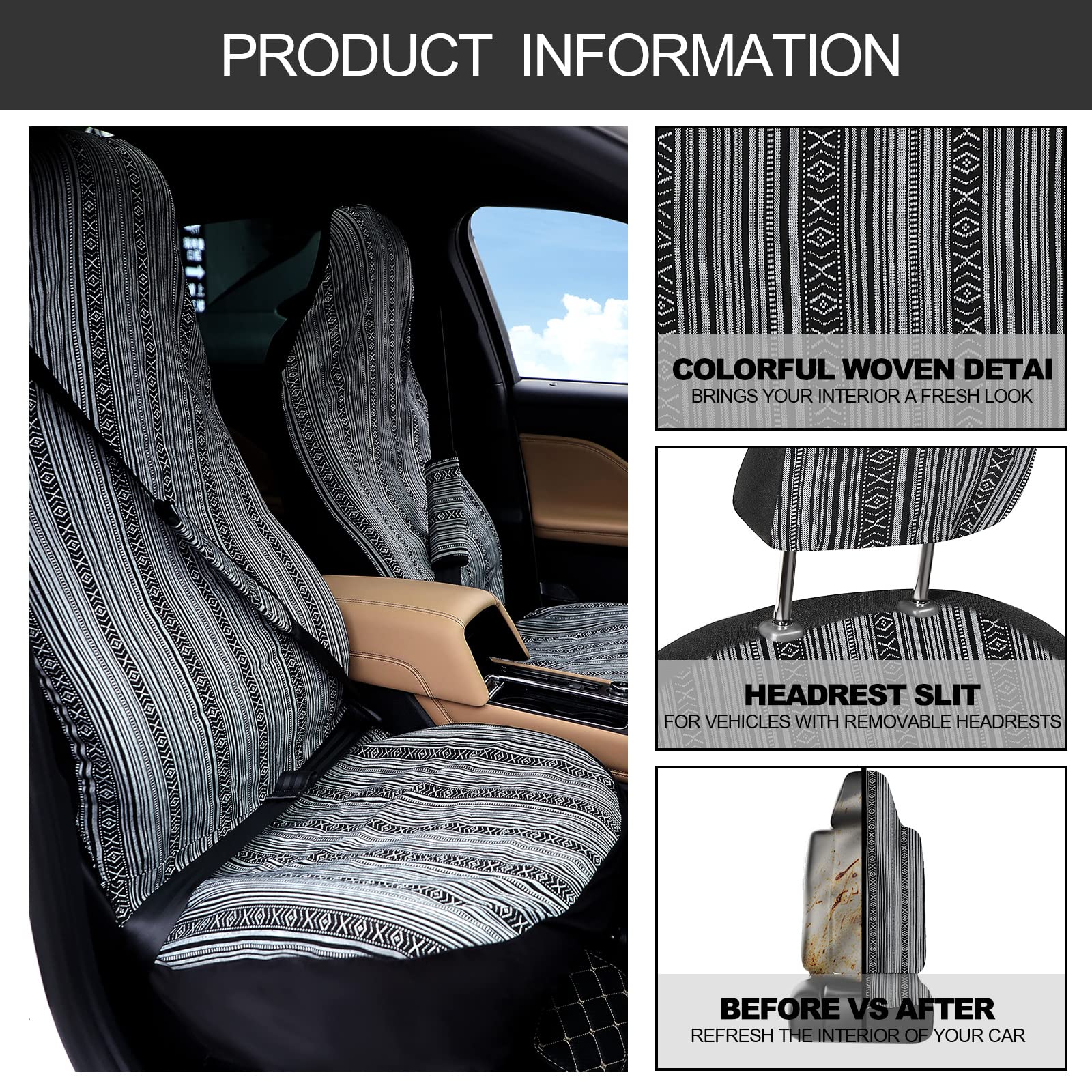 Frienda Baja Saddle Blanket Car Seat Covers Full Set Multicolor Stripe Boho Steering Wheel Cover Seat Belt Pads Crystal Hanging