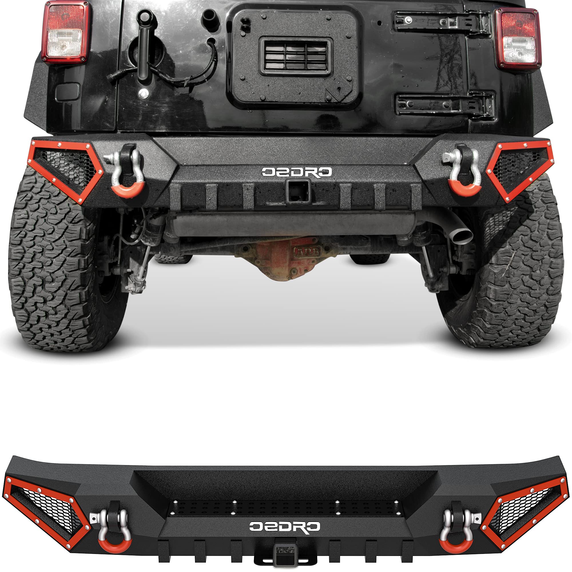 Oedro Off Road Rear Bumper Combo Compatible With 2007-2018 Jeep Wrangler Jk & Jku Unlimited (2/4 Doors), Full Width Back Bumper With Hitch Receiver & 2 X D-Rings