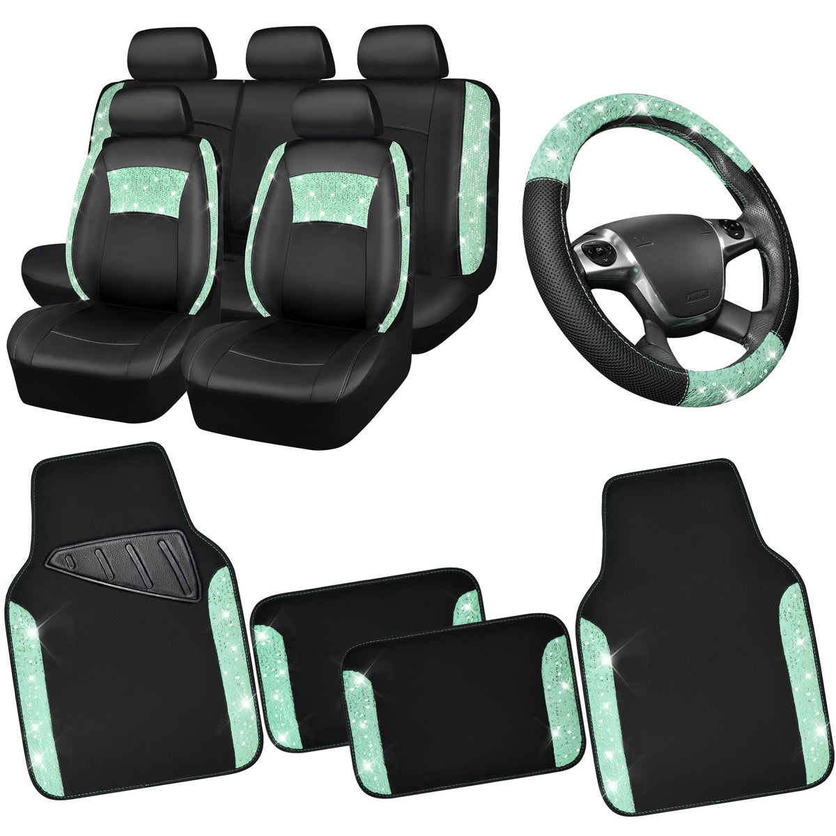 Car Pass Universal Mint Leather Lace Car Seat Covers Full Set For Women Girls, Waterproof Car Floor Mats Carpet, Glitter Steerin