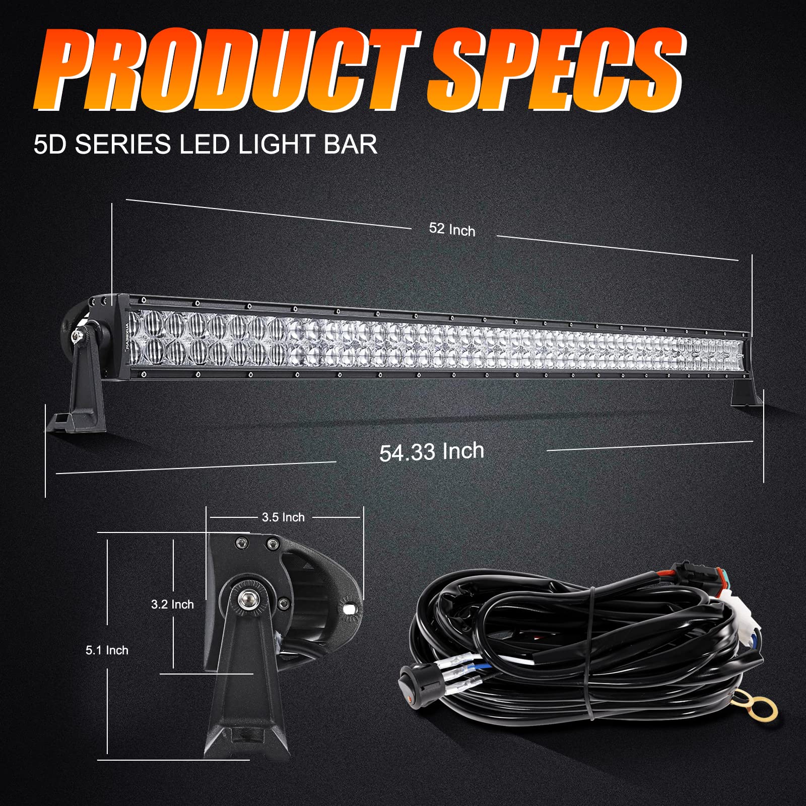 Auxbeam 52 Inch 300W Led Light Bar - Off-Road Driving Lights Spot Flood Combo Led Work Light 5D Lens With Wiring Harness For Car