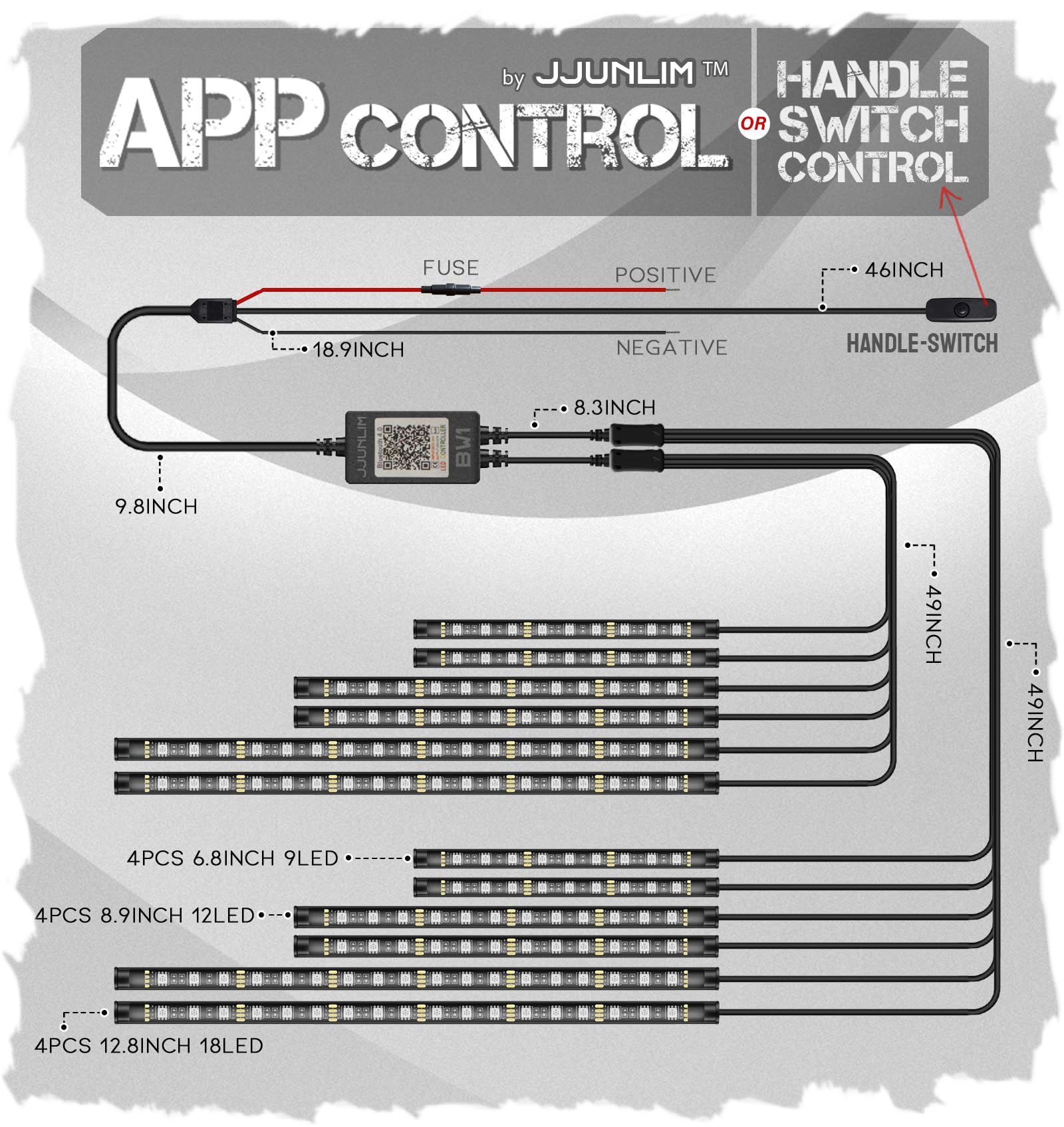 JJunLiM 12PCS Motorcycle Underglow LED Strip Light Kit Waterproof RGB Neon Accent Light Ground Effect Atmosphere Light Strips DC
