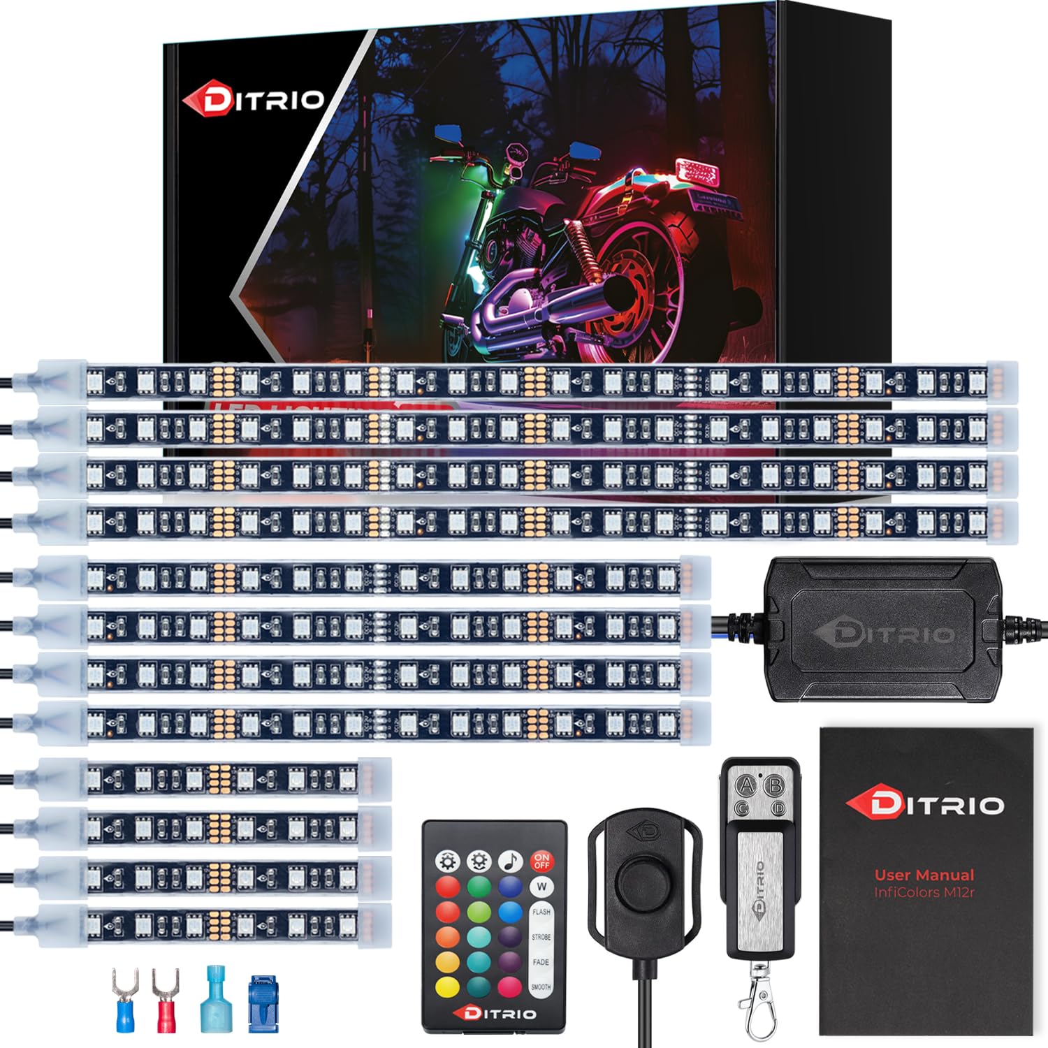 Ditrio 12Pcs Underglow Rgb Led Strip Light Kit Dc 12V With 2 Red Blinking Brake Light Styles For Motorcycles Trikes Golf Carts A