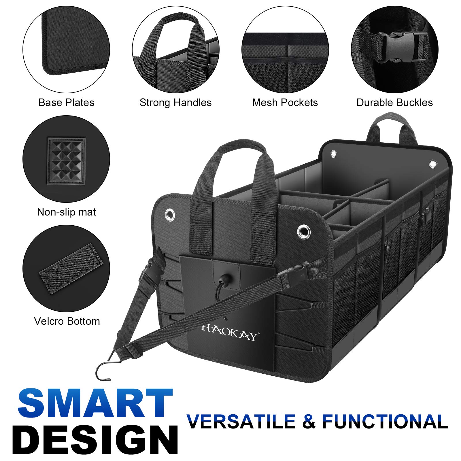 Haokay Car Trunk Organizer With Lid,Heavy Duty Extra Large Premium Black Oxford Multi Compartments Collapsible Trunk Organizer F