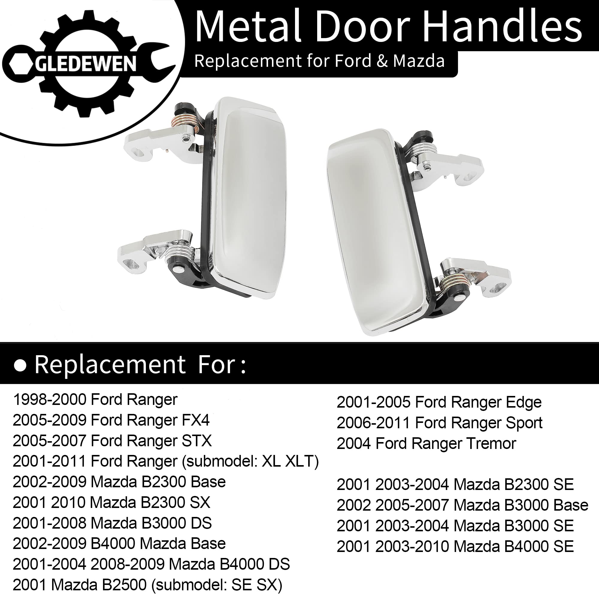 All Metal Exterior Door Handle Set Chrome, Compatible With 1998-2011 Ford Ranger, 2001-2010 Mazda B2300 B3000 B4000, Outside Fro
