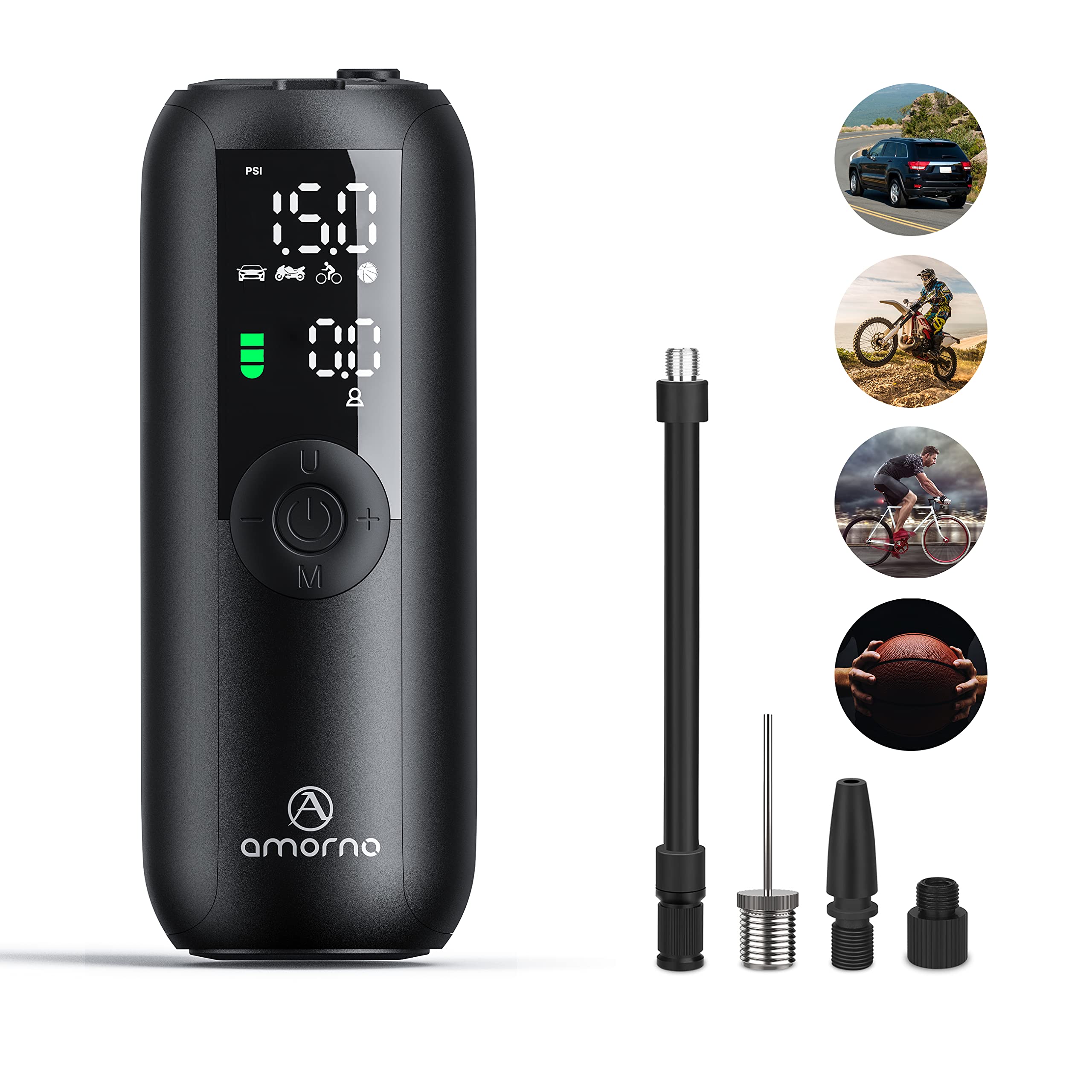 Portable Air Compressor Mini Bike Pump, Amorno 150 Psi Electric Tire Pump Handheld Inflator With Digital Lcd Screen Led Lights F