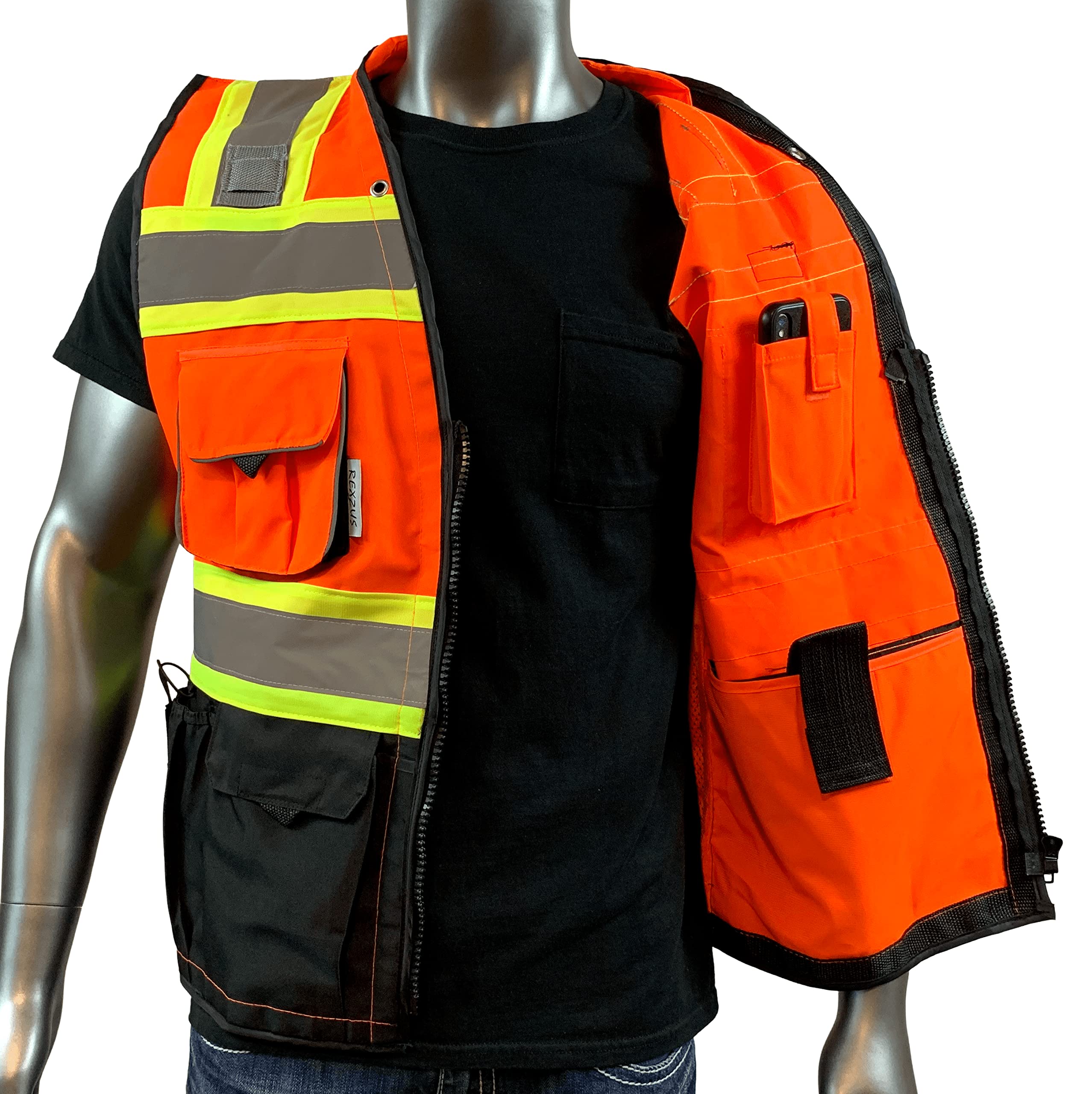 REXZUS (C Vest Mens Class 2 Black Series Safety Vest With Zipper and Utility Pockets Premium Black Series Surveyors Vest (Medium