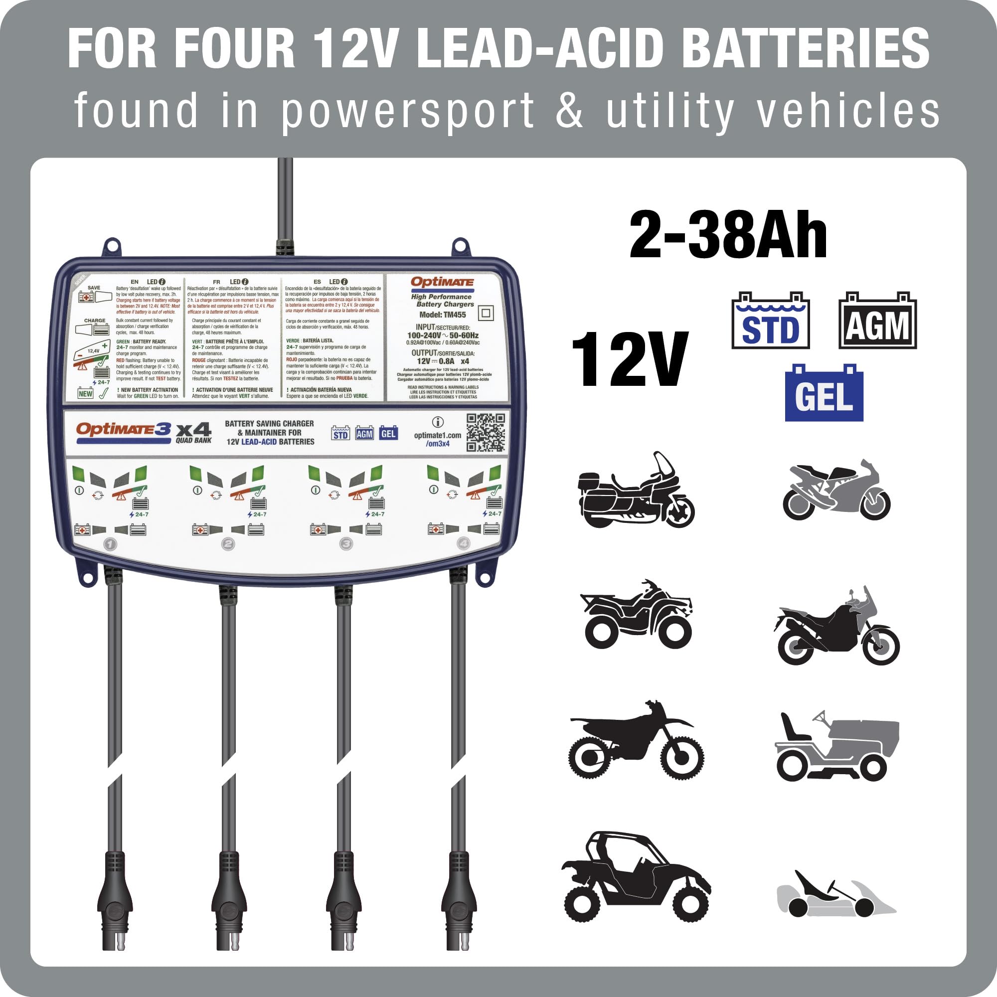 OptiMate3 0.8A x4 Bank, Smart Quad-Bank Battery Saving Charger for 12V Lead-acid Motorcycle and Powersport Batteries