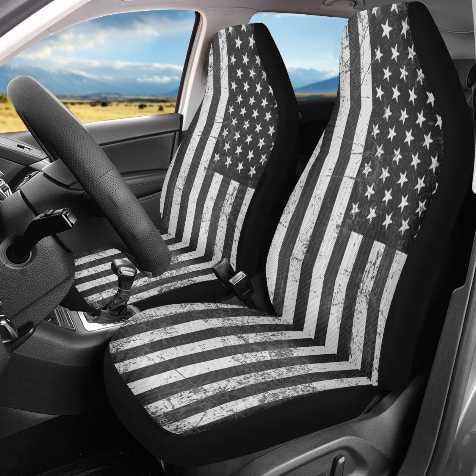 ELEQIN Patriotic American Flag Print Front Seat Cover 2 Pcs,Classic Black White Universal Vehicle Seat Protector Mat Covers, Fit
