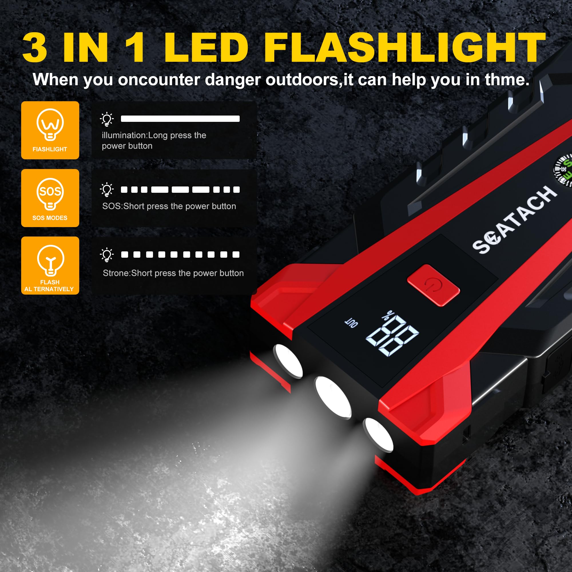 Scatach 011 3000A Car Battery Jump Starter,12V Jump Starter Battery Pack (Up To 9.0L Gasoline And 7.0L Diesel Engine), Portable