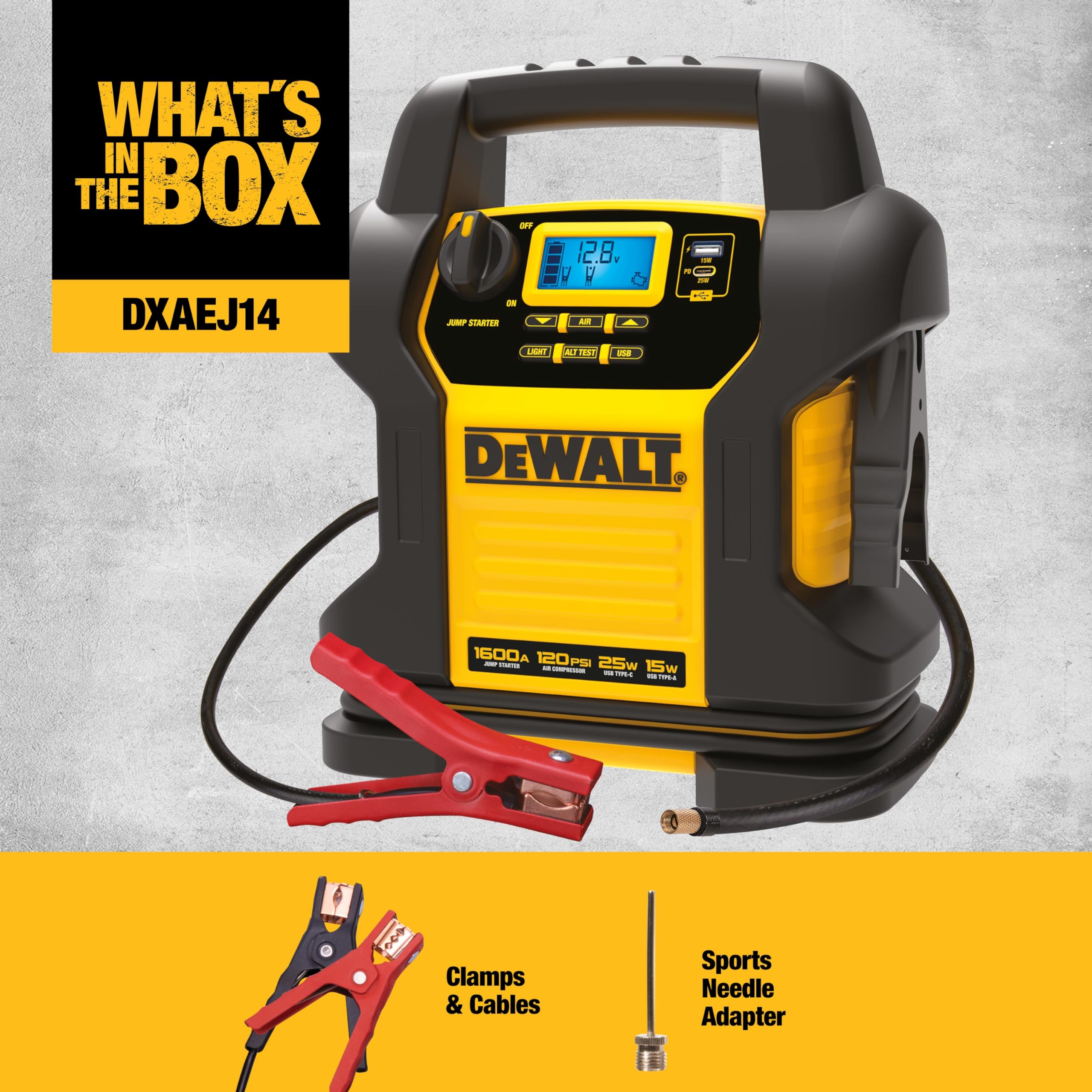 DEWALT DXAEJ14-Type3 Digital Portable Power Station Jump Starter - 1600A, 120 PSI Compressor, AC Charging, USB-A & USB-C Ports