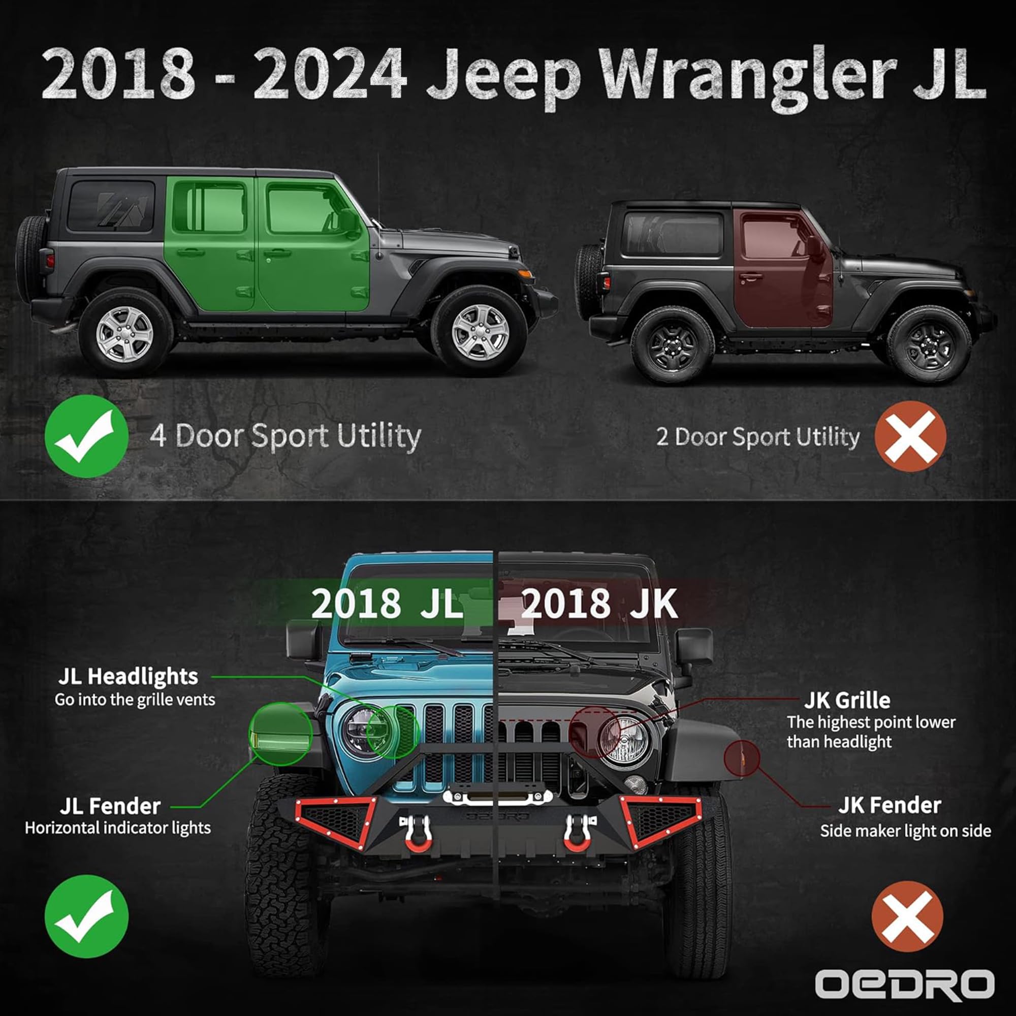 Oedro 6 Inch Running Boards Compatible With 2018-2024 Jeep Wrangler Jl Unlimited 4 Door, Bolt-On Drop Side Steps Rails, Powder Coated Black And High Gloss Red Nerf Bar
