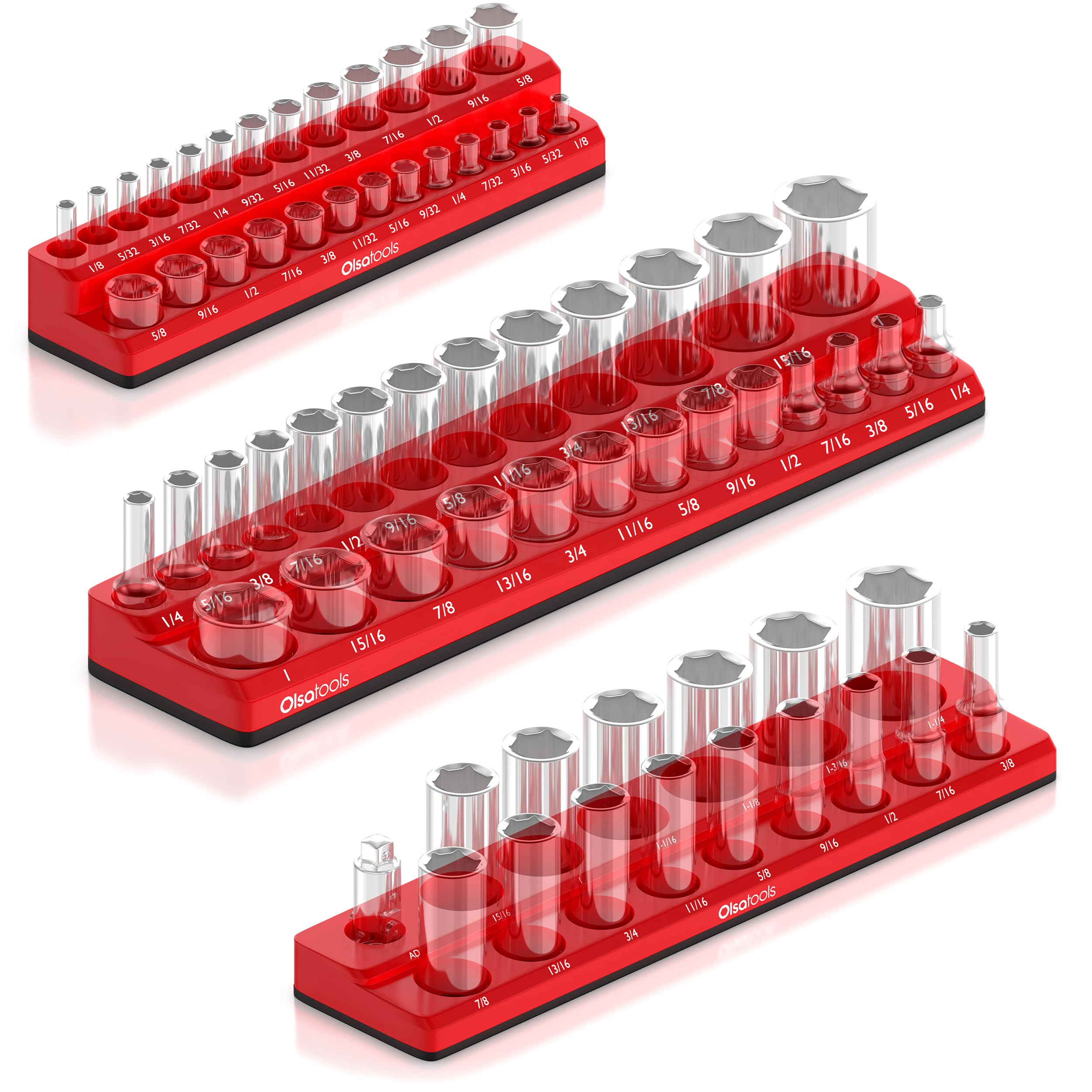 Olsa Tools Magnetic Socket Organizers | 3 Piece Set Socket Holder Kit | 1/2-Inch, 3/8-Inch, & 1/4-Inch Drive | SAE Red | Holds 6