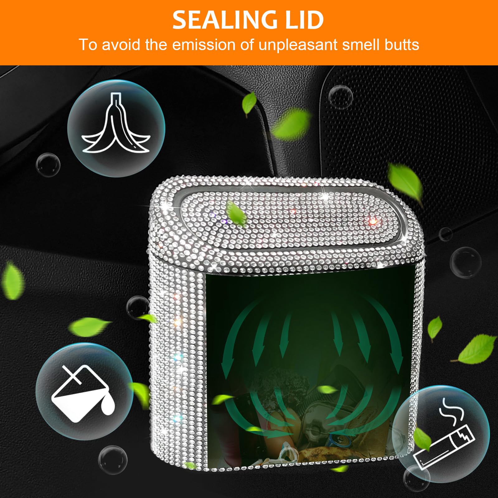 Accmor Bling Car Trash Can With 30Pcs Garbage Bags, Vehicle Trash Bin With Lid Auto Dustbin Organizer Garbage Storage, Sparkling