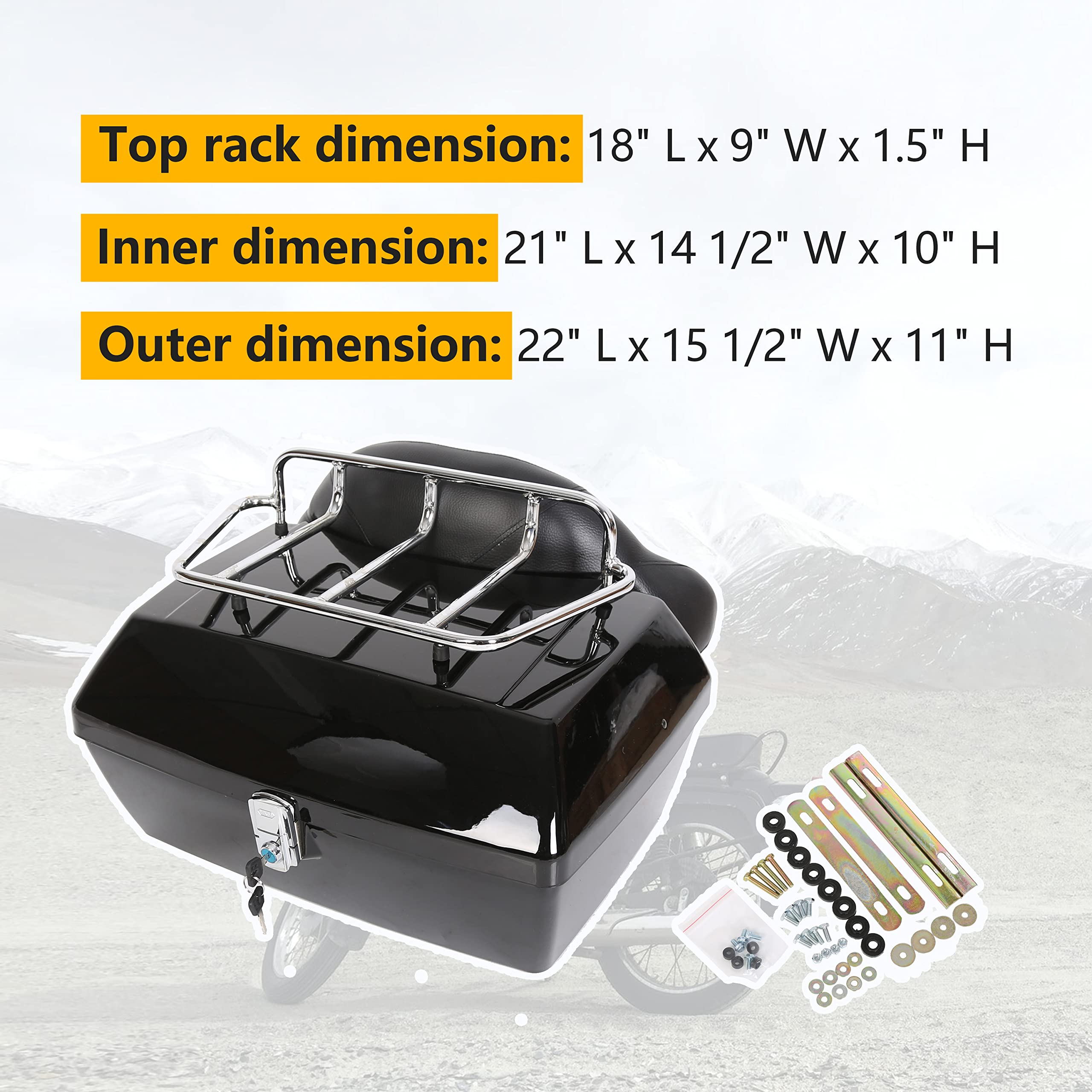 Kuafu Motorcycle Trunk Tour Pack Tail Box Luggage With Top Rack And Backrest Classic Black