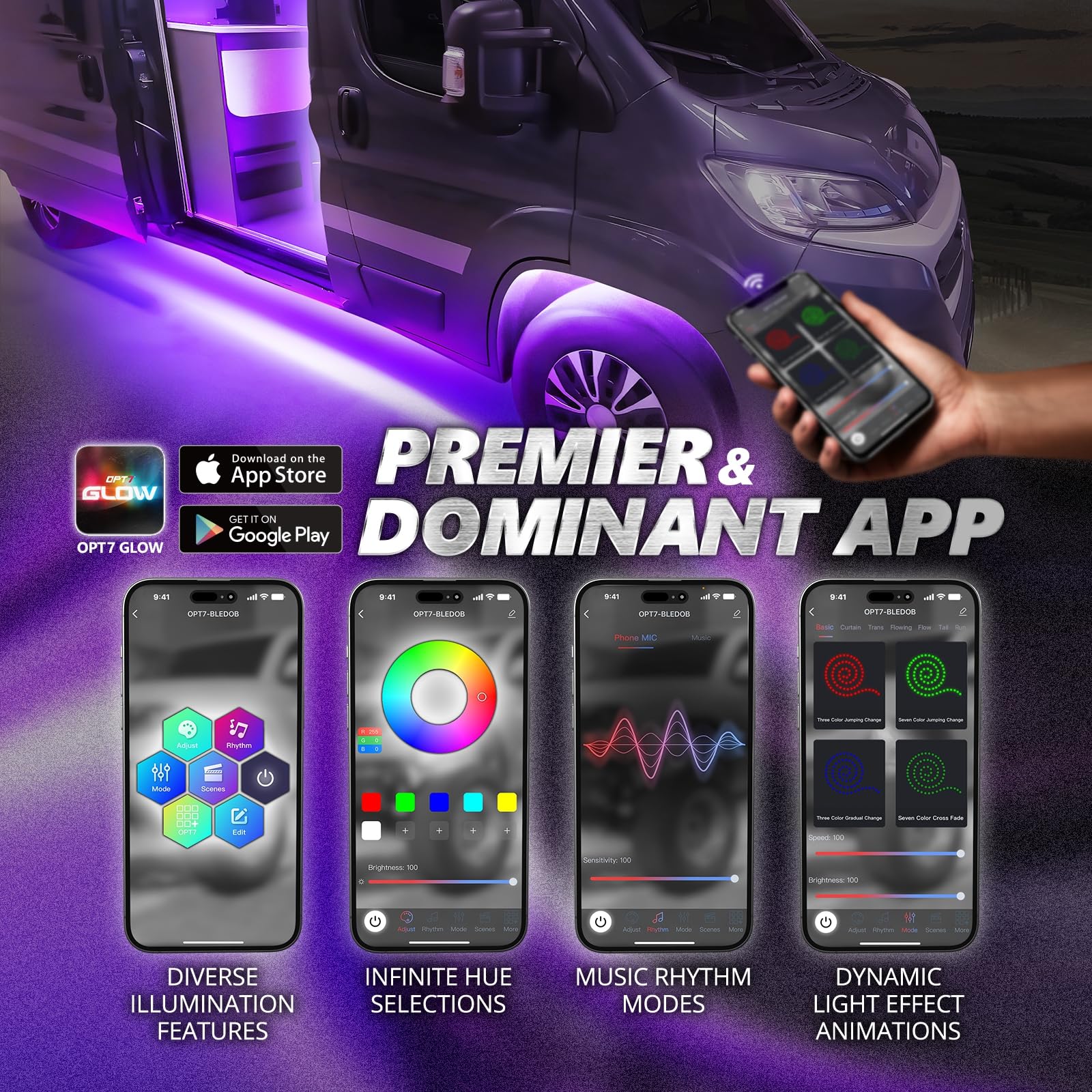 Opt7 Aura Pro Underglow Lights For Class B & B+ Rv Motorhomes With App & Remote Control, Rgb Multicolor Modes, Music Sync, 6 Pcs