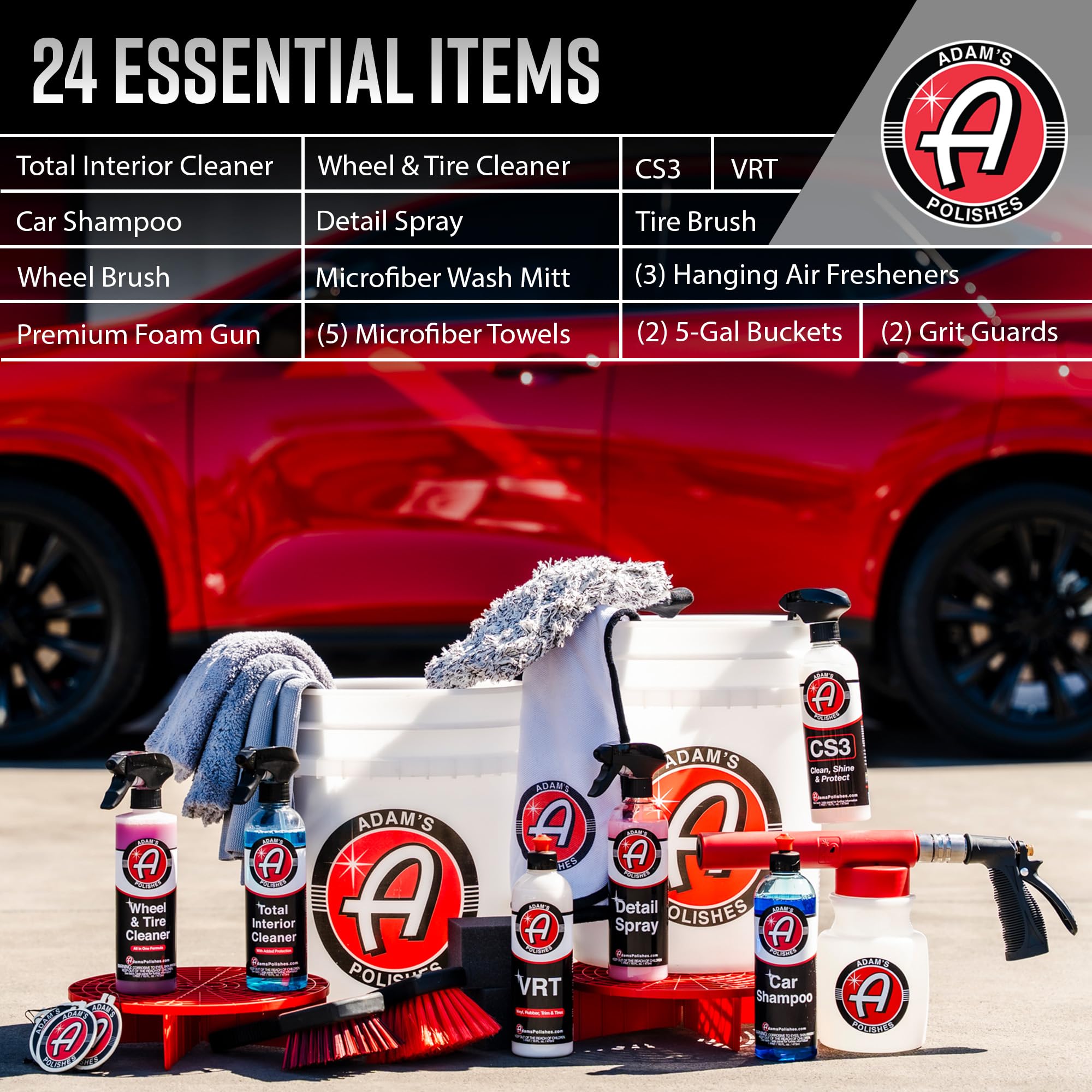 Adam'S Essential Car Wash Kit (24-Item) - Auto Detailing Car Care Cleaning Kit With Foam Gun & Bucket Car & Truck Lovers, Dads,