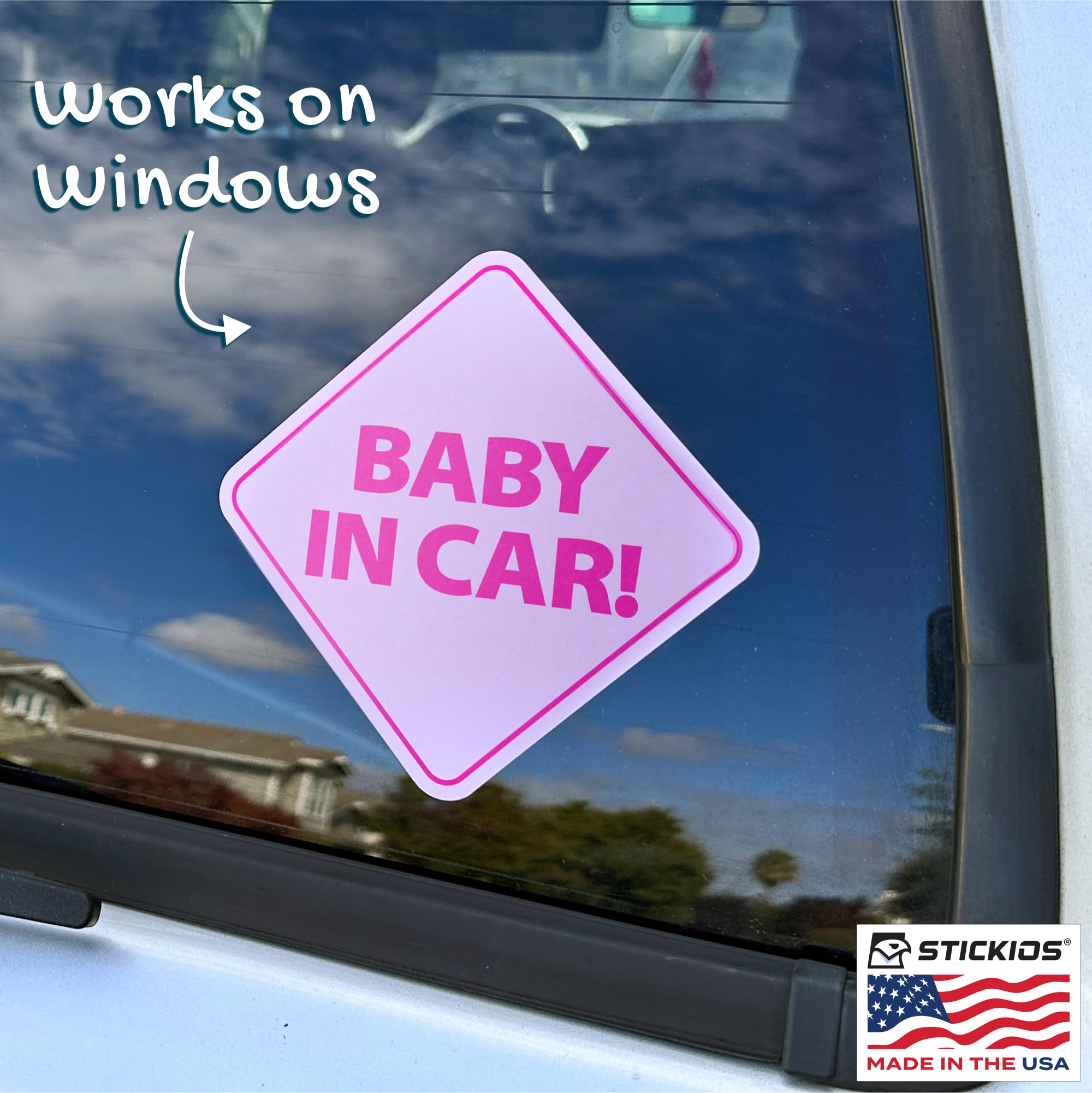 Stickios Baby On Board Stickers - Removable Non-Magnetic Paint-Safe Signs For Cars & Windows - Made In Usa - Baby Girl In Pink (