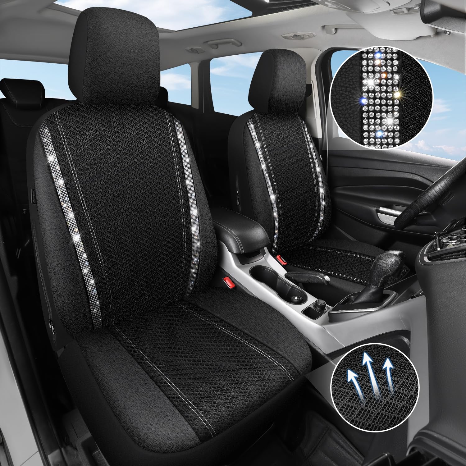 Car Pass Mesh Bling Diamond Car Seat Cover 2 Front Interior Sets Lined Sponge, Breathable Universal Shining Glitter Sparkly Crys