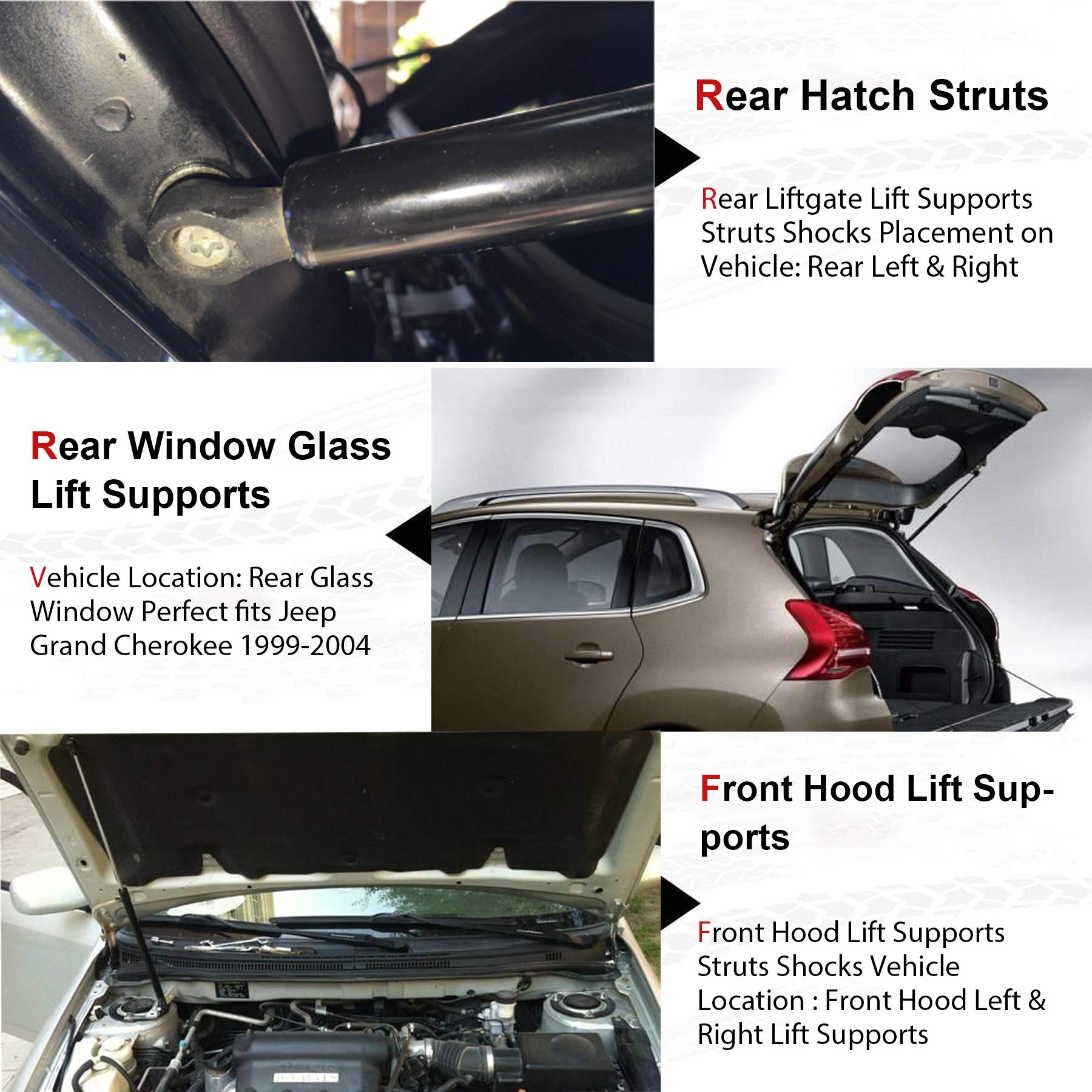 2 Rear Liftgate Struts, 2 Front Hood Struts, 2 Rear Window Lift Supports Fit For Jeep Grand Cherokee Gas Springs Shocks 1999-200