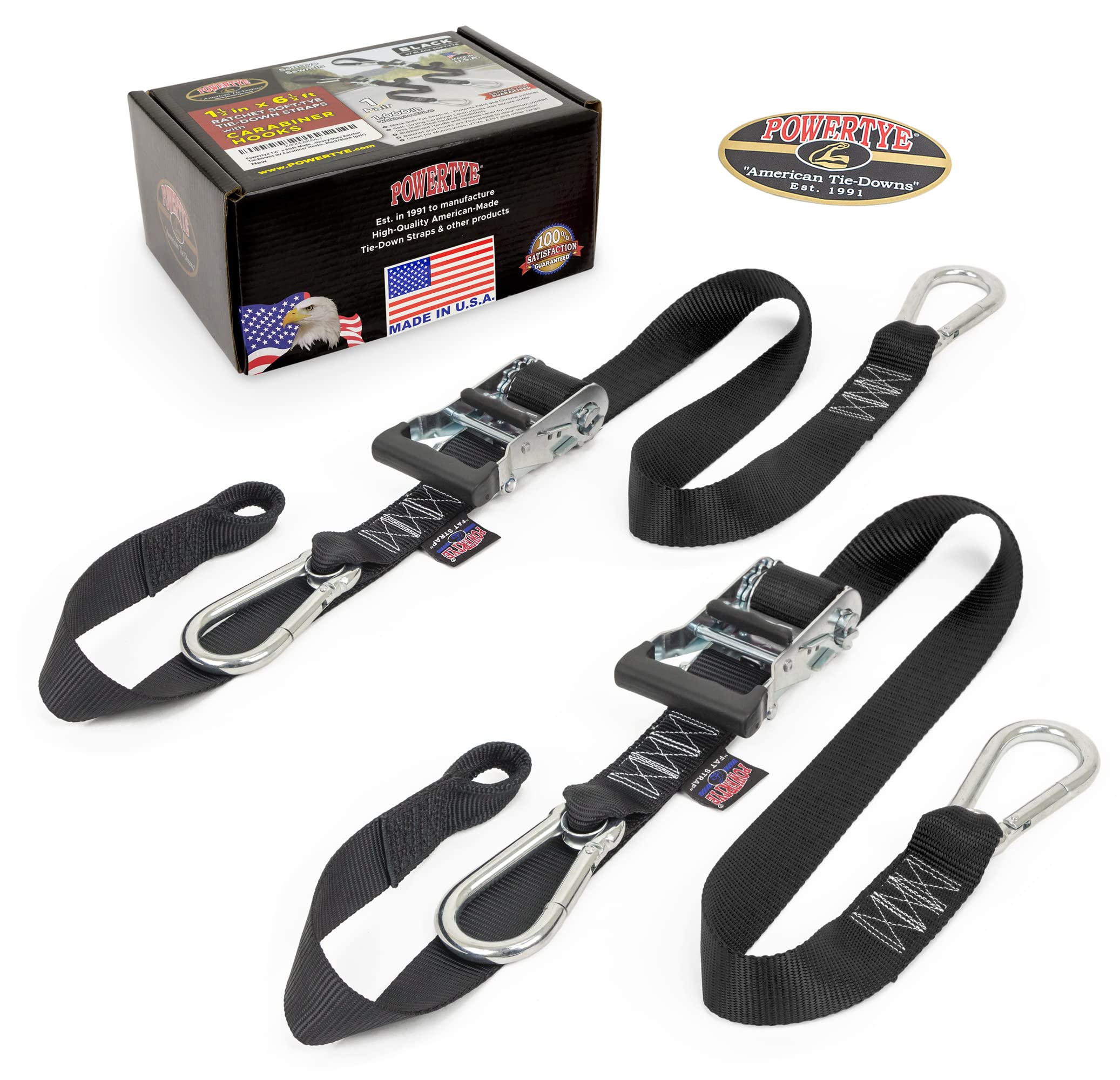 Powertye 1.5In X 6.5Ft Heavy Duty Ratchet Tie-Down Straps With Soft-Tye And Carabiner Hooks - 1,000 Lb Working Load Limit / 3,000 Lb Breaking Strength - Made In Usa - Black/Black Pair