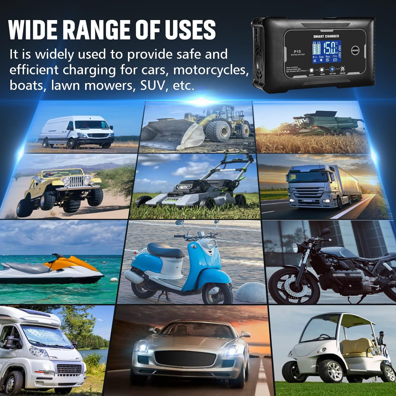 Lifepo4 Charger 15-Amp Fully-Automatic Smart Charger,12V And 24V Battery Charger,12V/15A 24V/10A Lead-Acid(Agm/Gel/Sla)/Lithium