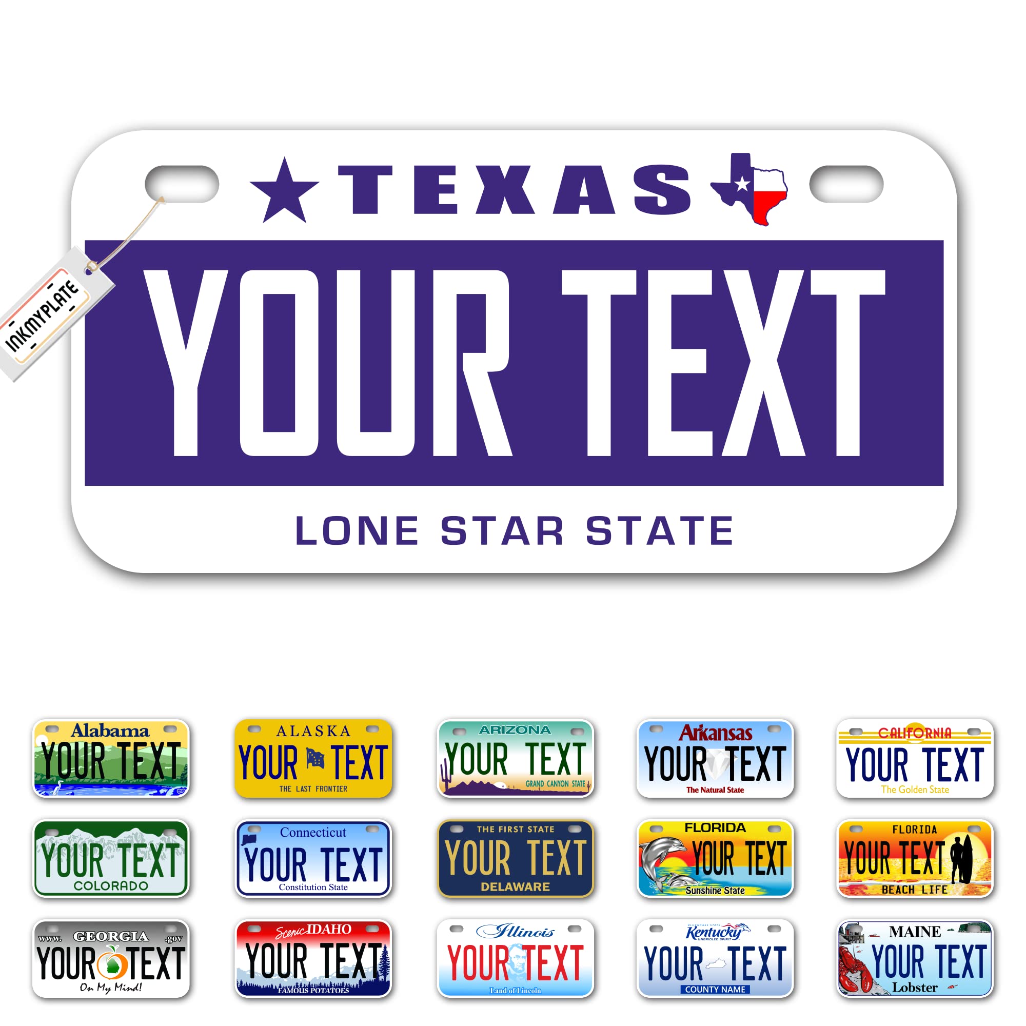 Inkmyplate Personalized Texas Purple Small License Plate | Bike 6X3 Inch | Select From All 50 States | 3 Sizes | Custom License Plates For Kids Bicycles | Power Wheels | Usa Thick .040 Aluminum
