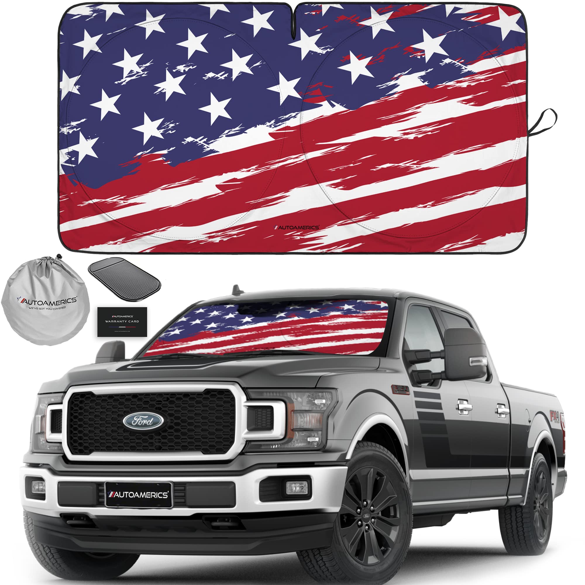 Autoamerics Truck Windshield Sun Shade With Storage Pouch & Anti-Slip Dash Pad - Foldable Usa Art Flag-2 Design - Fits Most Suvs