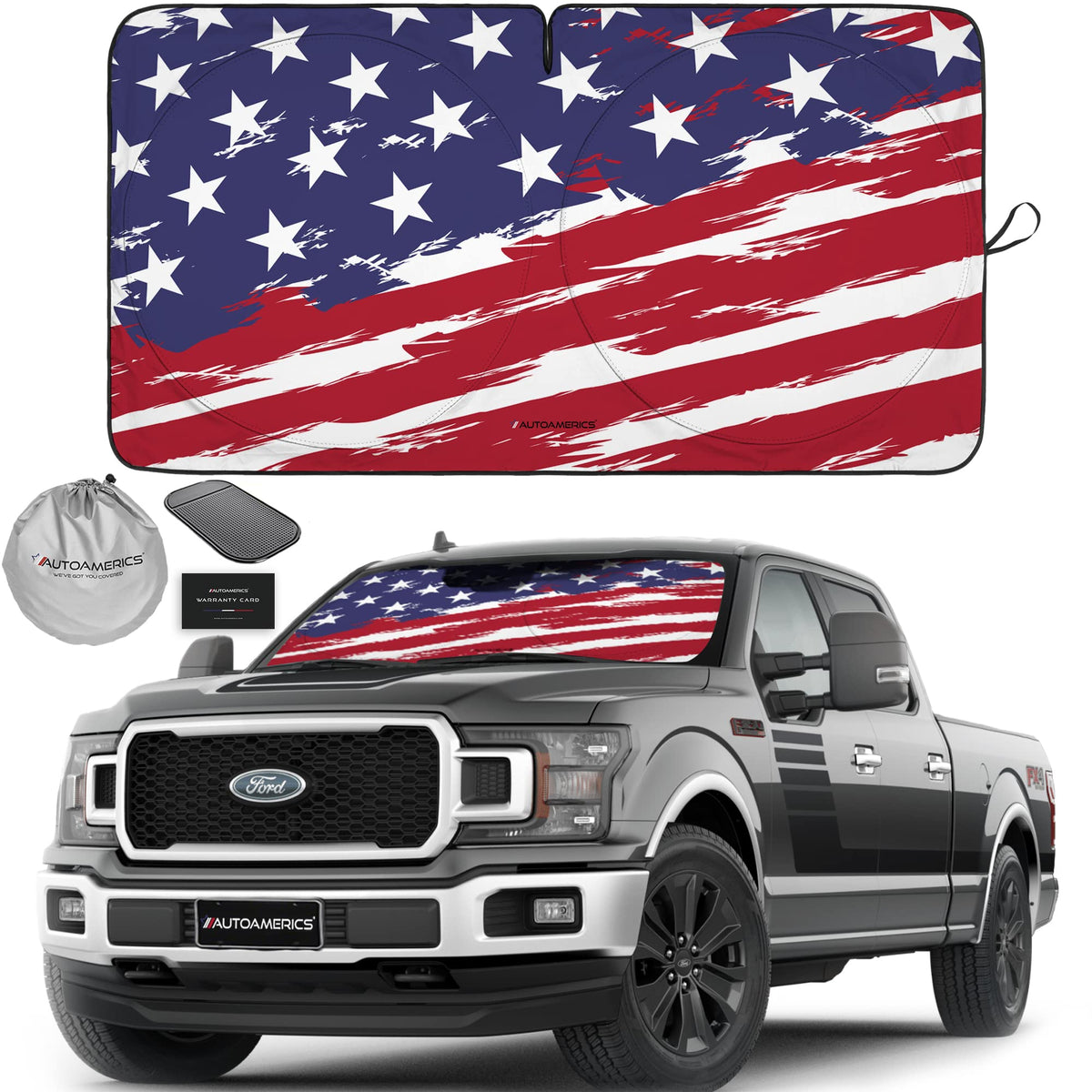 Autoamerics Truck Windshield Sun Shade With Storage Pouch & Anti-Slip Dash Pad - Foldable Usa Art Flag-2 Design - Fits Most Suvs