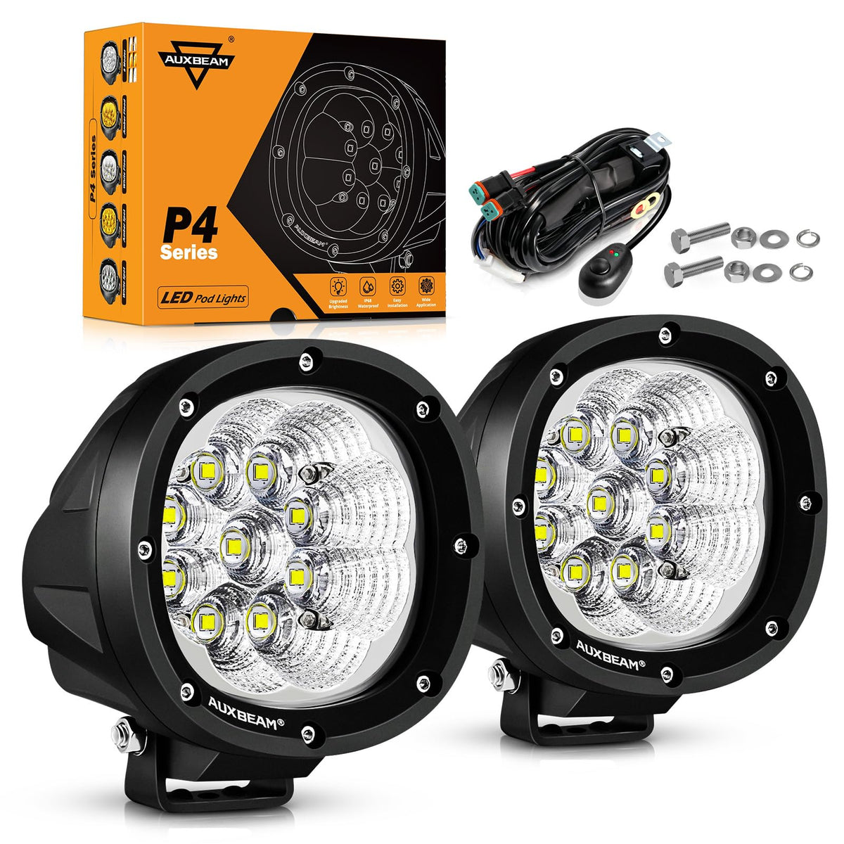 Auxbeam P4 Series Flood Beam Led Pods 4 Inch 90W Round Offroad Lights Fog Driving Flood Light Bar Bumper A-Pillar Hood For Truck