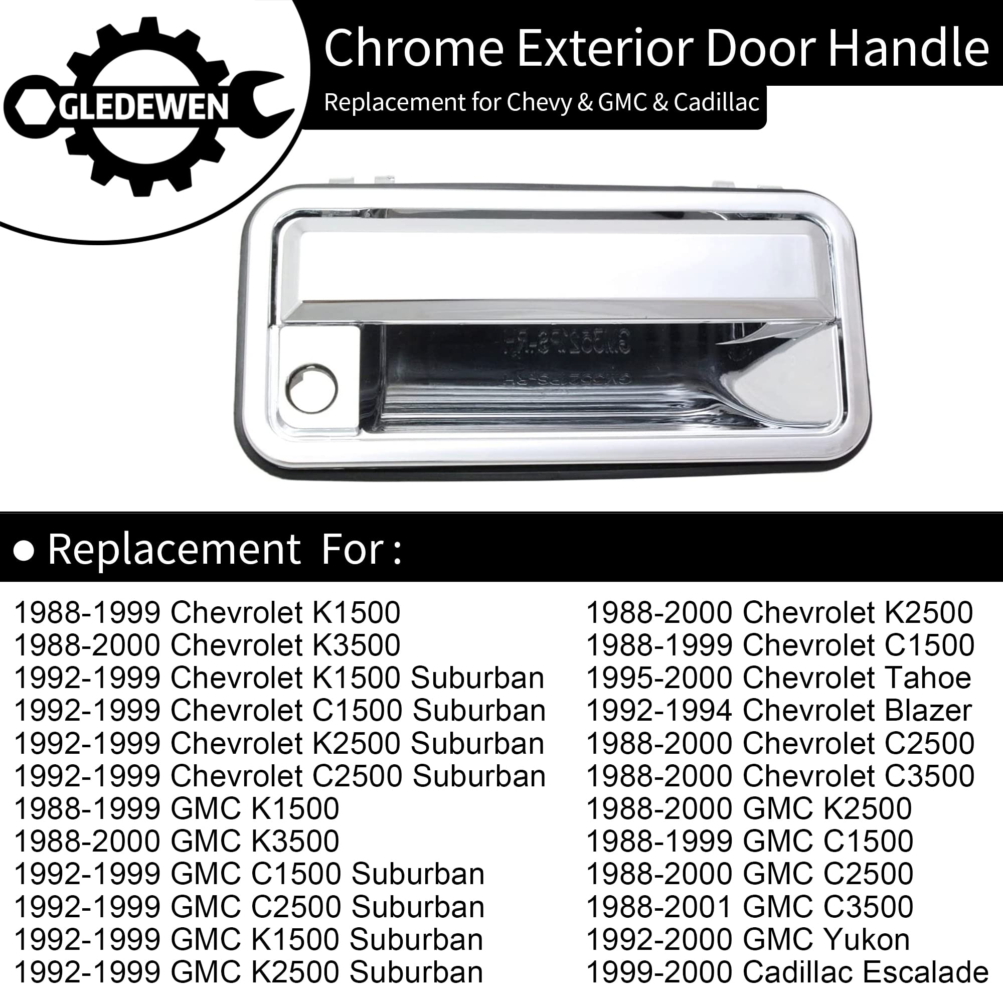Chrome Exterior Door Handle, Compatible with 1988-2001 Chevy K1500 K2500 K3500 C1500 C2500 C3500, GMC C/K 1500 2500 3500 Pickup