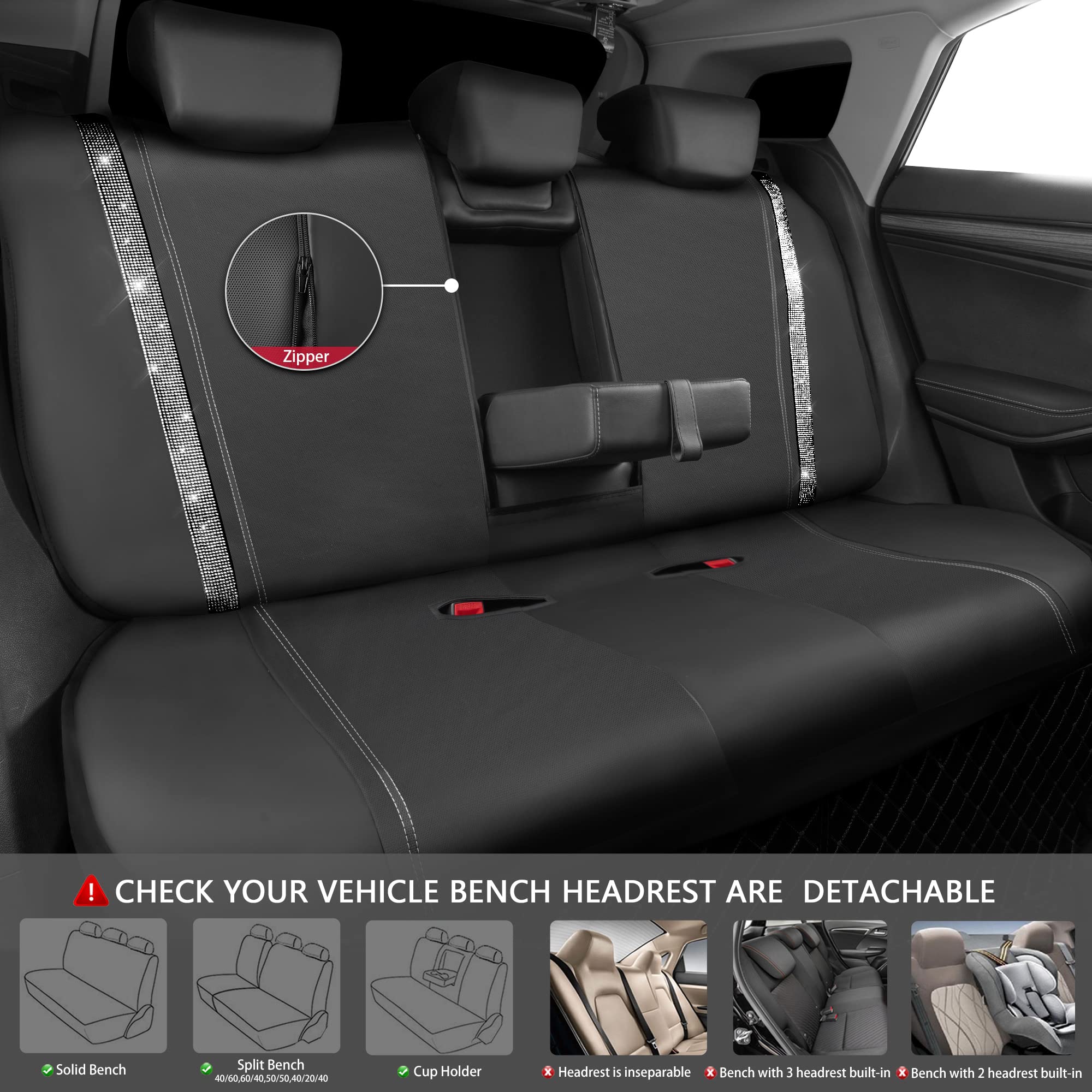 Car Pass Bling Rhinestone&Leather Back Seat Cover, Waterproof Bench Rear Seat Cover Shining Diamond Universal Fit Automotive Glitter Crystal Sparkle Strips For Kid Women Girl, Silver Diamond