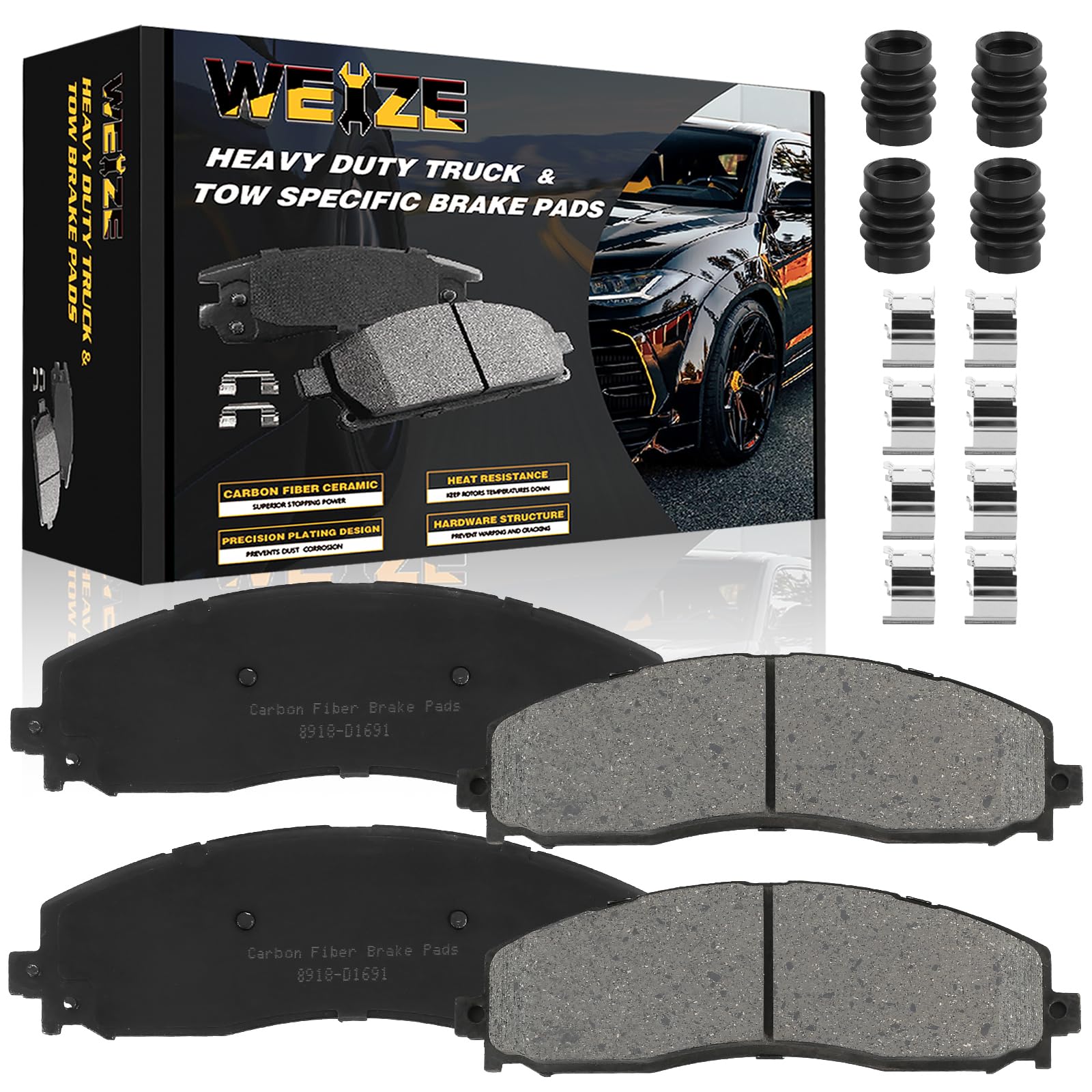 Weize Rear Carbon Fiber Ceramic Brake Pads, Truck And Tow Brake Pads Set With Hardware D1691, Replacement For Ford F-250 Super D