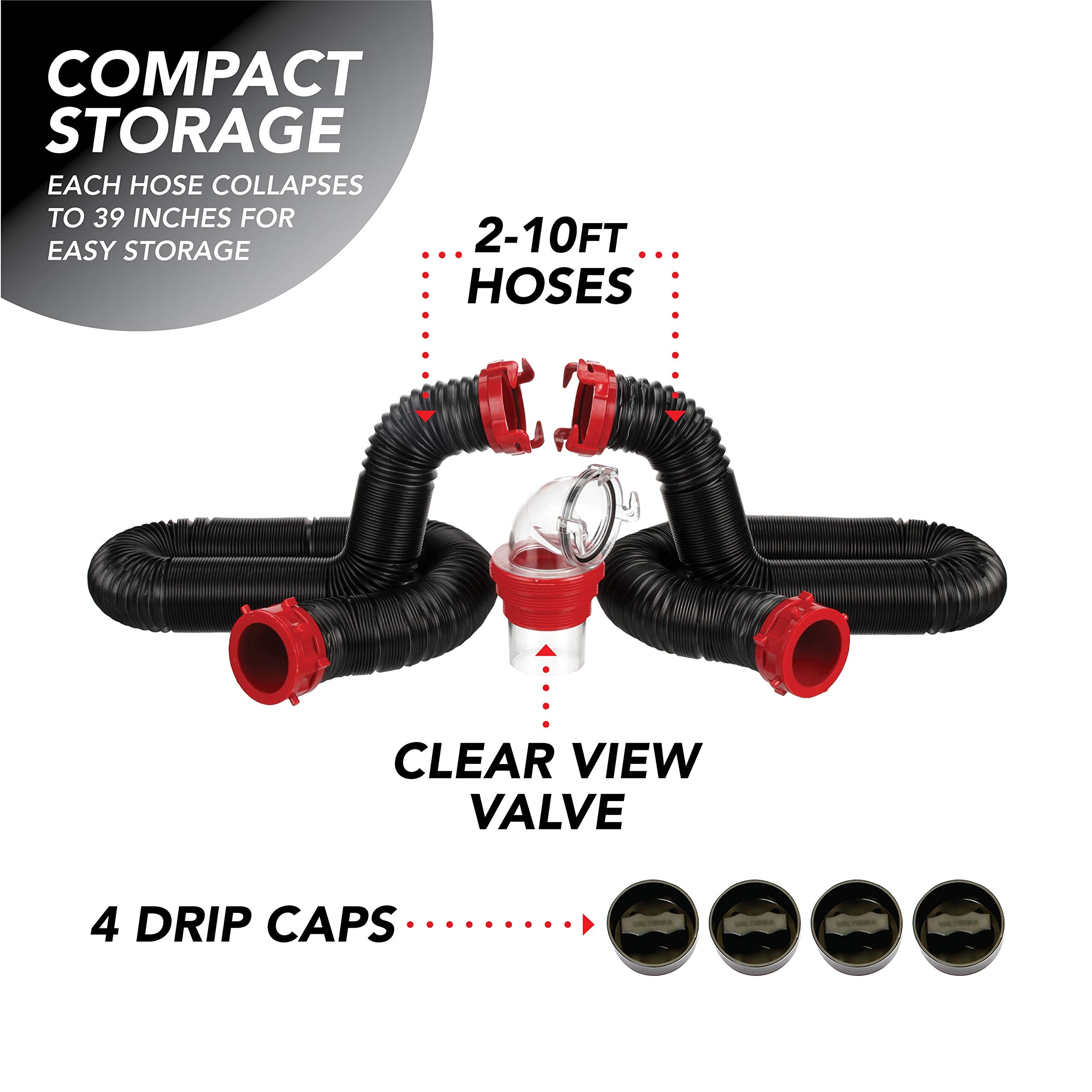 Valterra 20-Foot Dominator RV Sewer Hose Kit, Sewer Hose for RV Camper, Includes 2 Attachable 10-Foot Hoses with Rotating Fittings, 90 Degree Clearview Sewer Adapter, and 4 Drip Caps