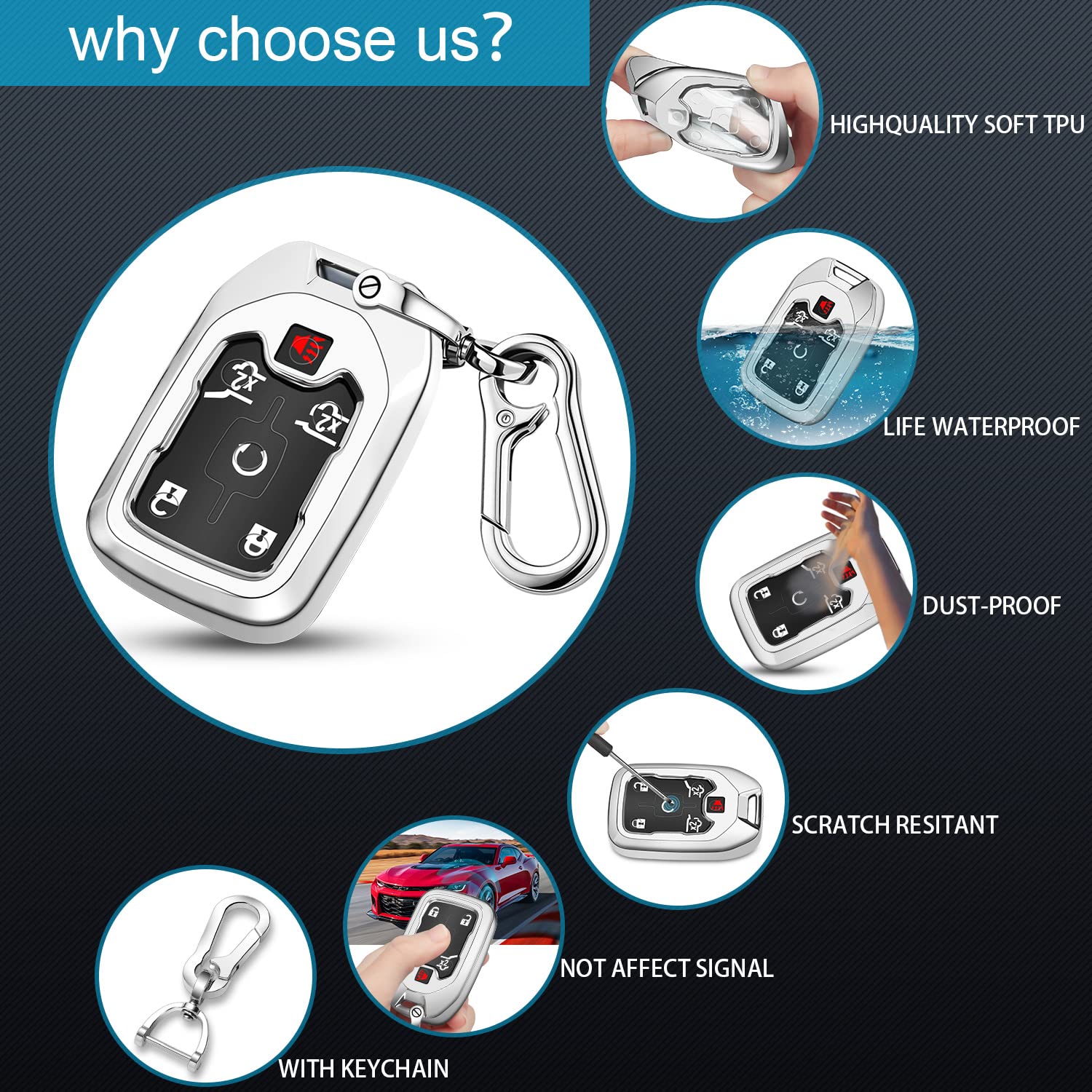 Qbuc For Gmc Key Fob Cover Tpu Protector Case With Keychain For 2019-2021 Chevrolet Chevy Silverado And Gmc Sierra 1500 2500Hd 3500Hd Terrain Acadia Yukon Key Cover Smart Remote 3/4/5/6 Button(Silver)