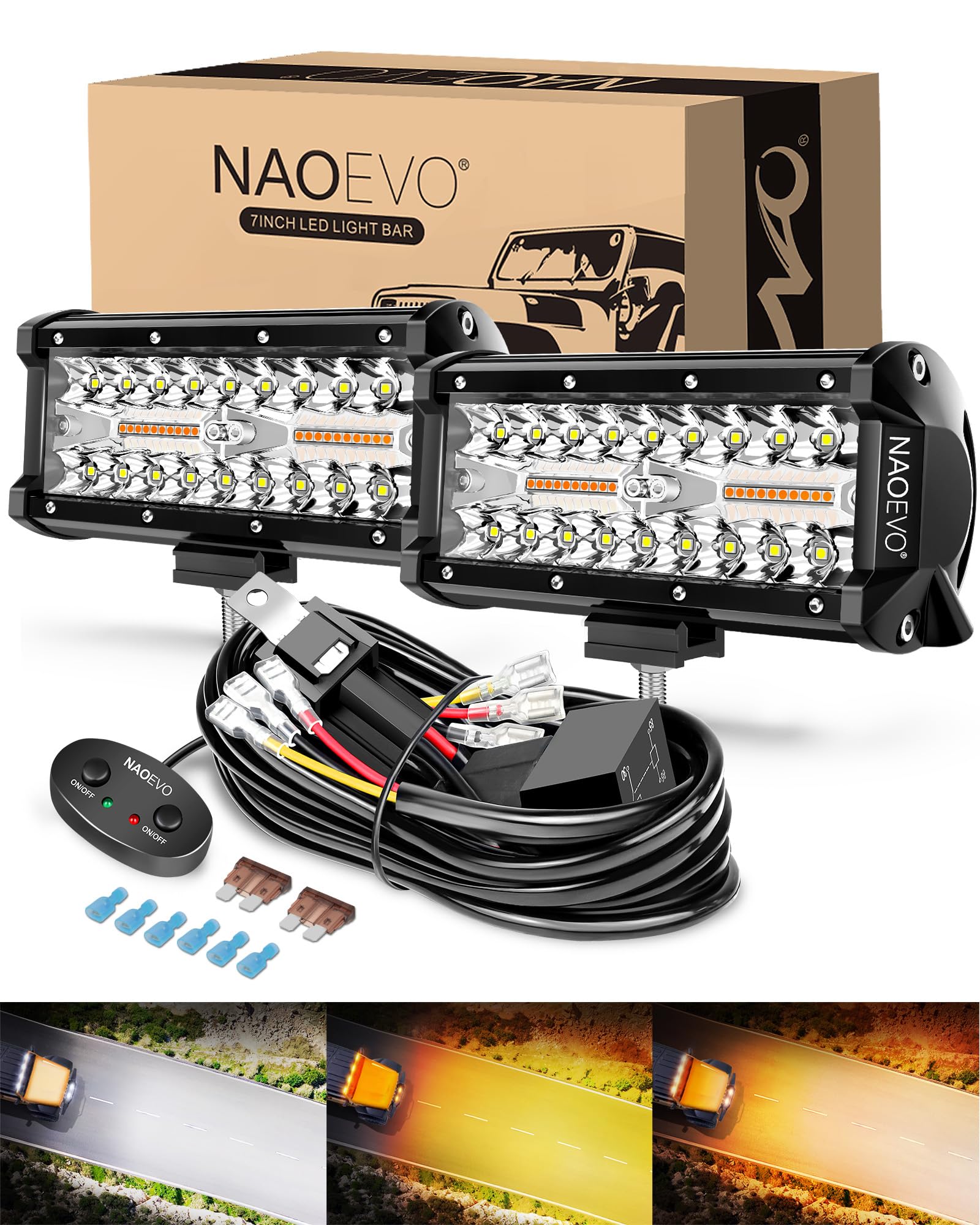 Naoevo 7 Inch Light Bar, 240W 24,000Lm Offroad Fog/Driving Lights Led Pods With 2 Leads Wiring Harness, Spot Flood Combo Led Wor