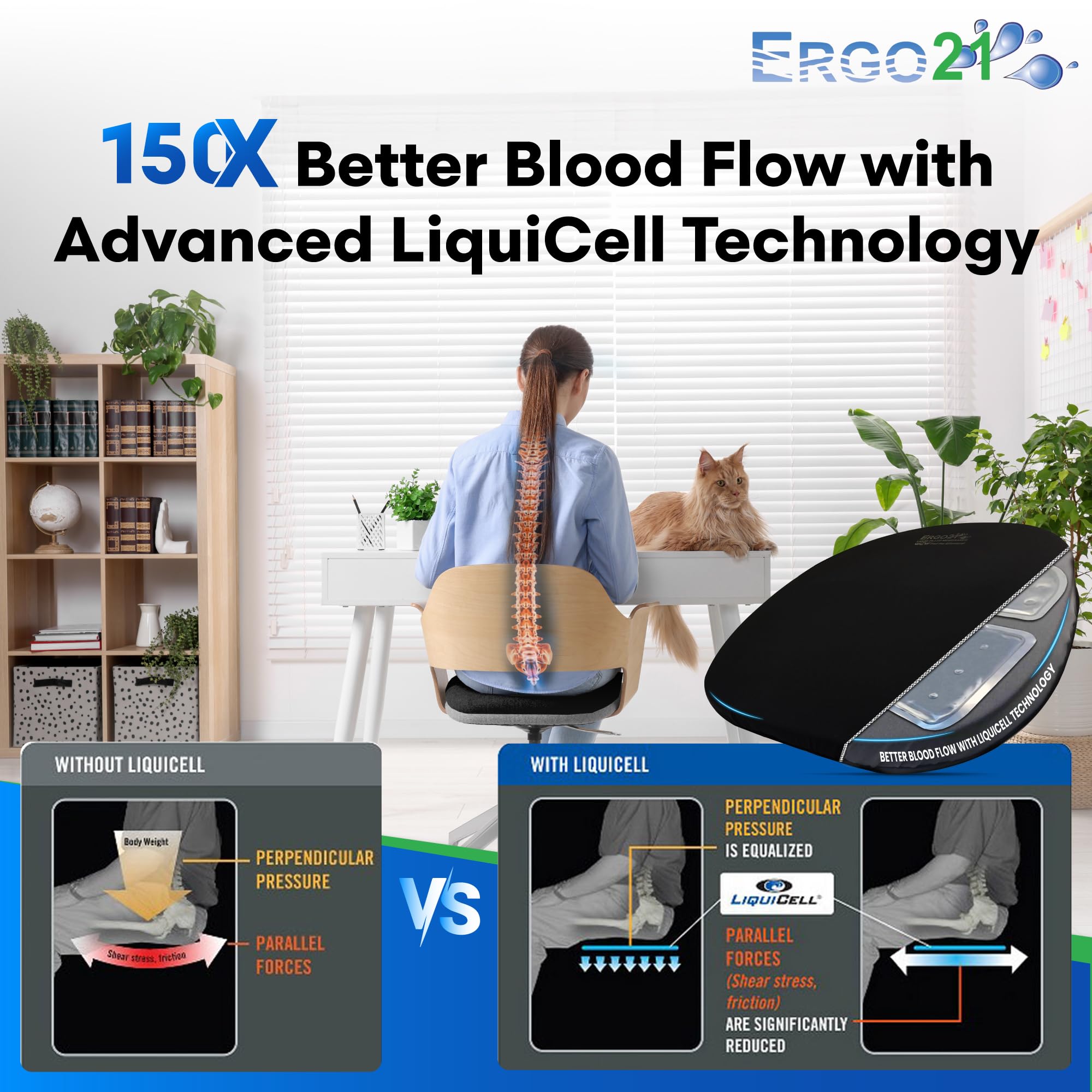 Ergo21 Original Seat Cushion - Liquicell Membrane Technology For Pressure Relief, Tailbone Pain, Sciatica, Hip & Lower Back Pain