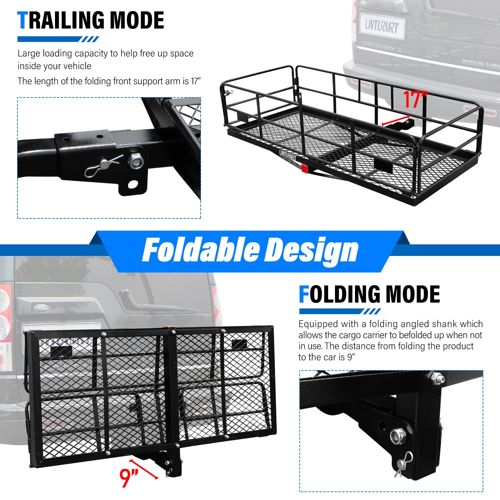 LWTURMRT Trail Hitch Mount Cargo Carrier Basket 58 x 24 x 14 Folding Vehicle Cargo Baskets Fits 2 Receiver with 2 Hitc