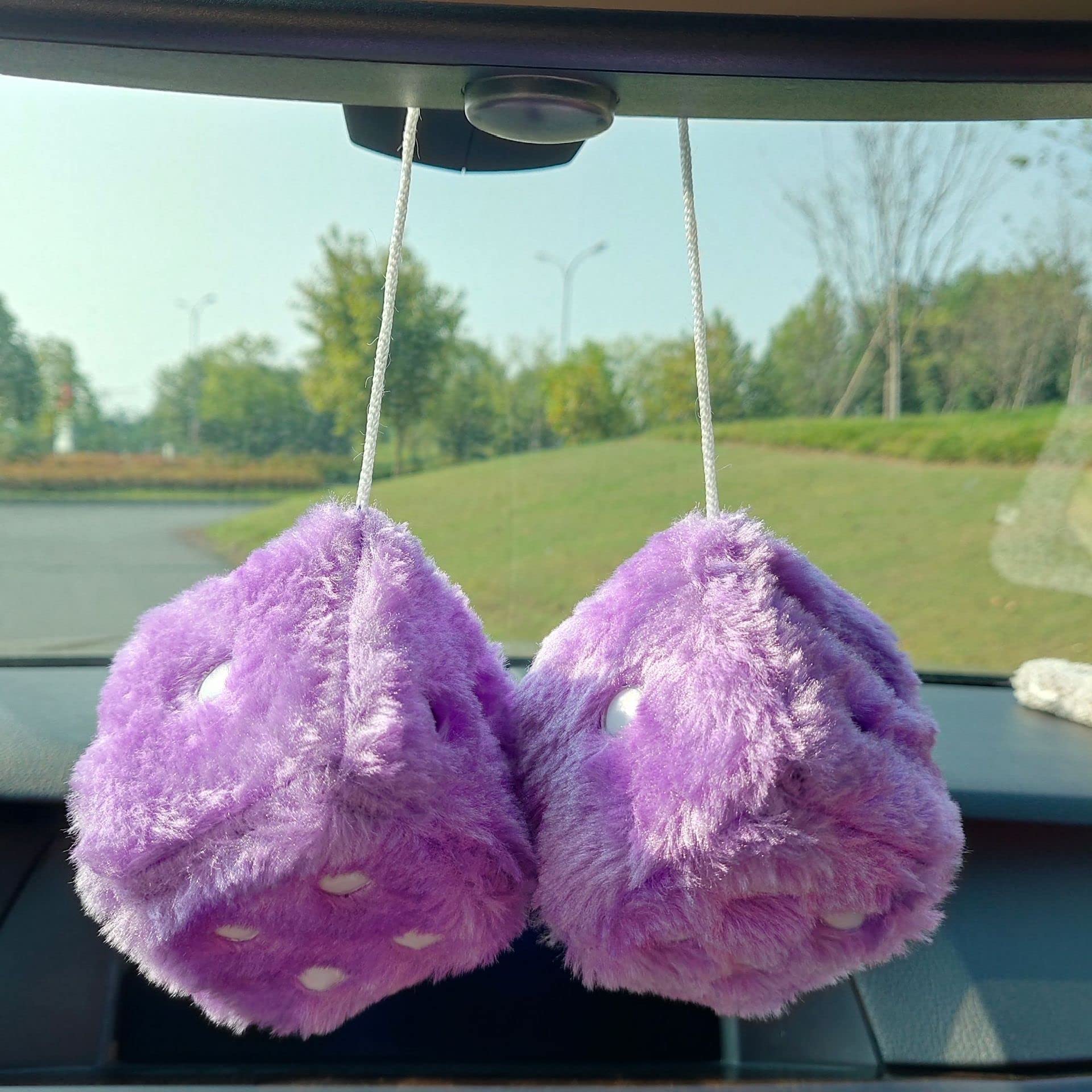 Fuzzy Plush Dice For Car Mirror, Pair Of Retro 3    Purple Dice With White Dots For Car Interior Hanging Ornament Decoration