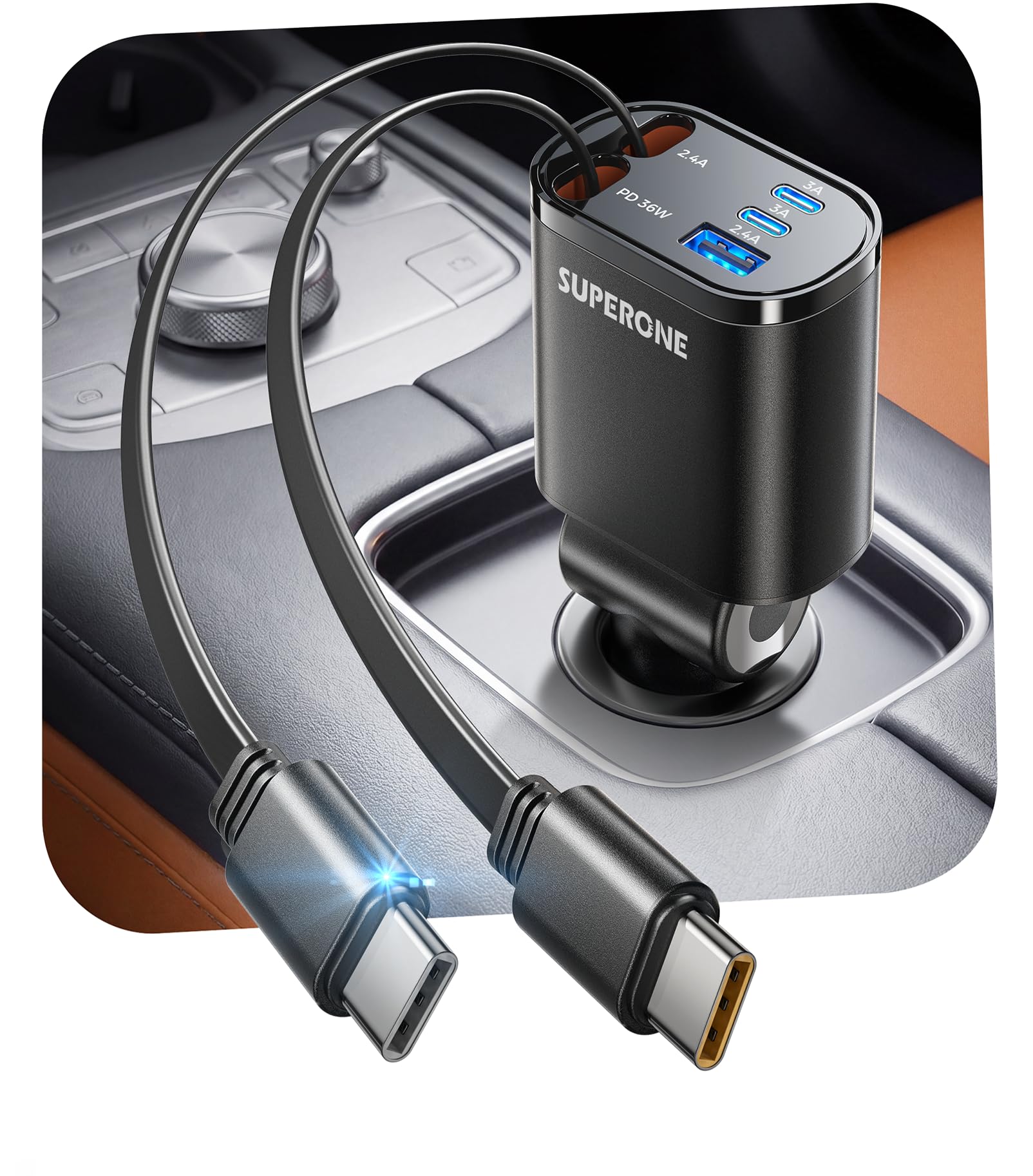 SUPERONE 90W Retractable Car Charger, Dual USBC 5in1 Fast Charger, Black