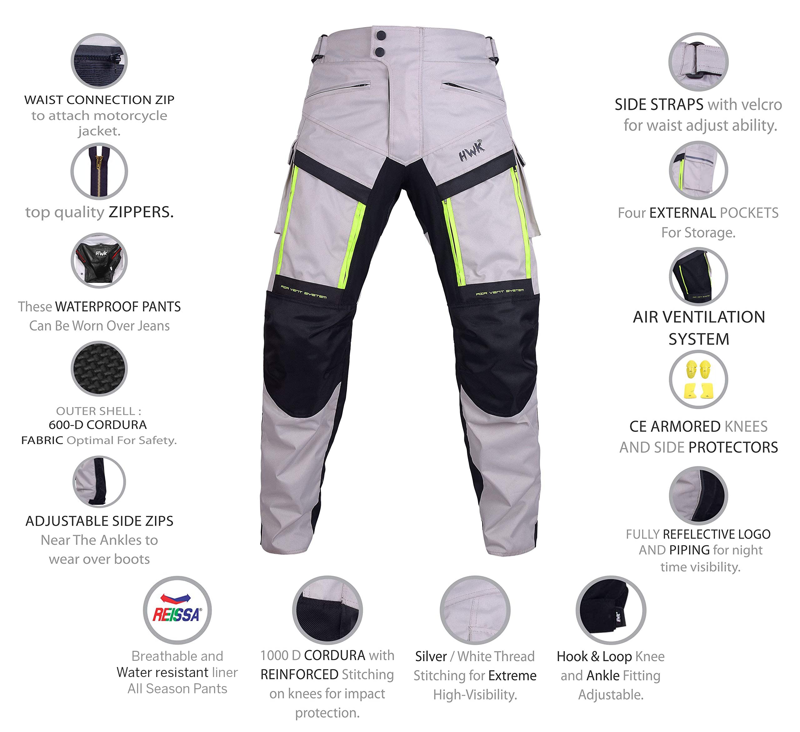 Hwk Motorcycle Pants Cargo Pants Work Pants For Men Dirt Bike Adventure Dualsport Racing Riding Rain Waterproof Pant Hi-Vis 4-Season Armored All-Purpose (Waist32''-34'' Inseam34'') Silver