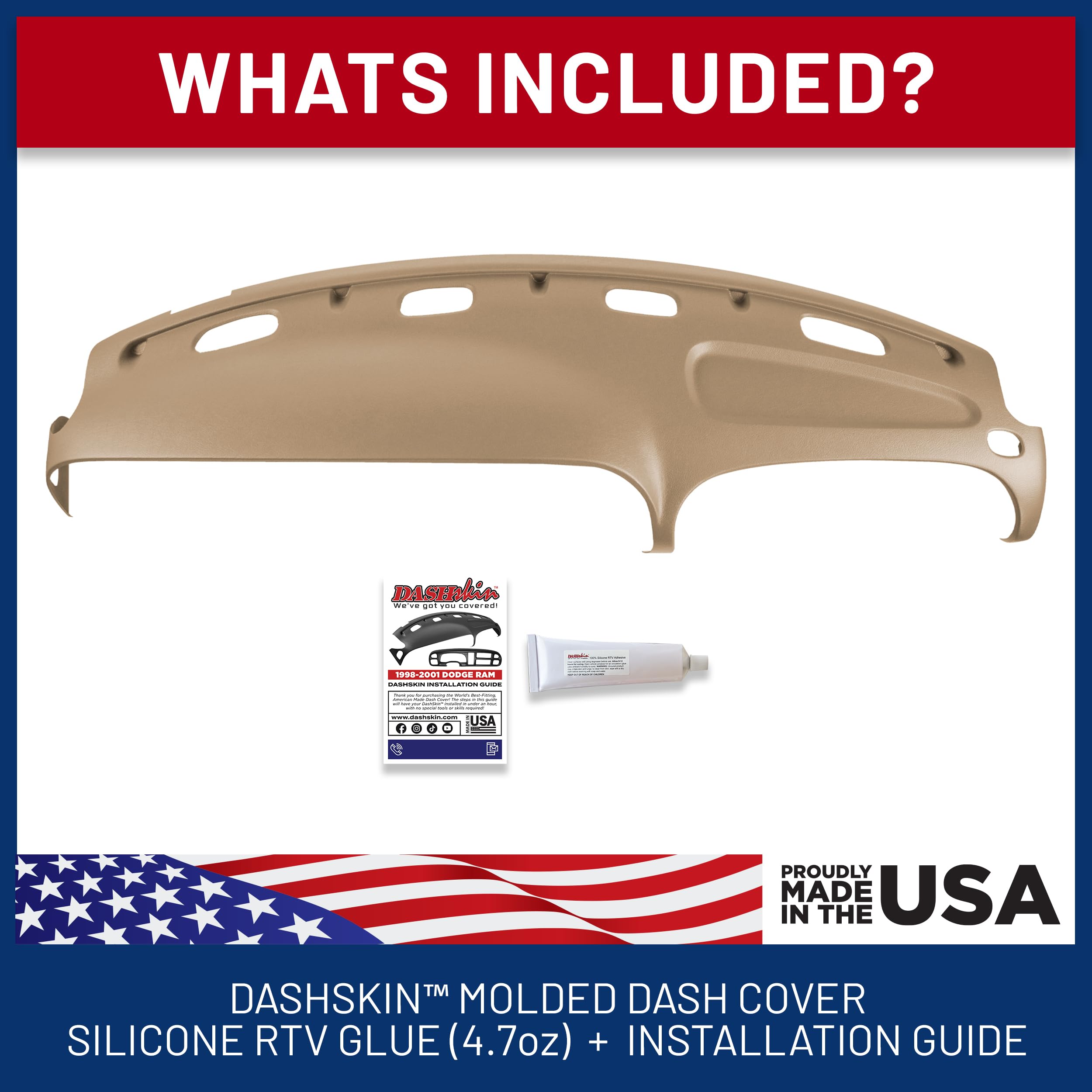 Dashskin Molded Dash Cover Cap Compatible With 1998 1999 2000 2001 Dodge Ram 1500 (98-02 Ram 2500 & 3500) In Camel - Made In The