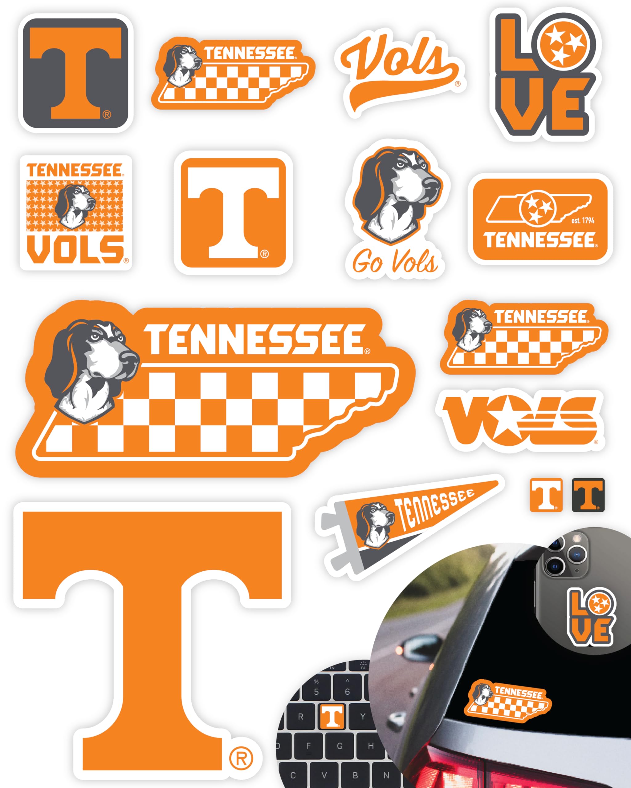 Tennessee Stickers (14 Stickers) 2 Large 5'' For Car Windows 10 Medium 2.5'' For Water Bottles Laptops Phones And 2 Mini Decals 