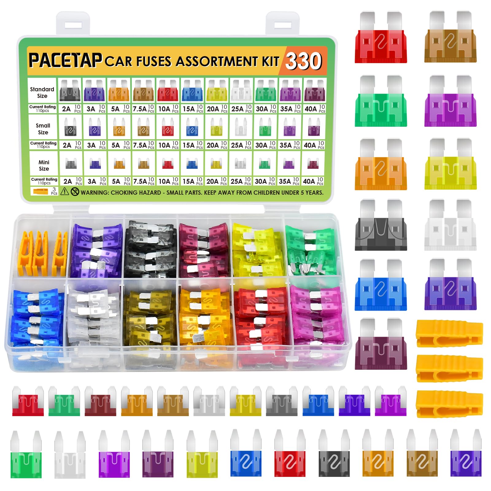 Pacetap 330 Pcs Car Fuses Assortment Kit Include Standard & Small & Mini Size(2A/3A/5A/7.5A/10A/15A/20A/25A/30A/35A/40A), Car Bl