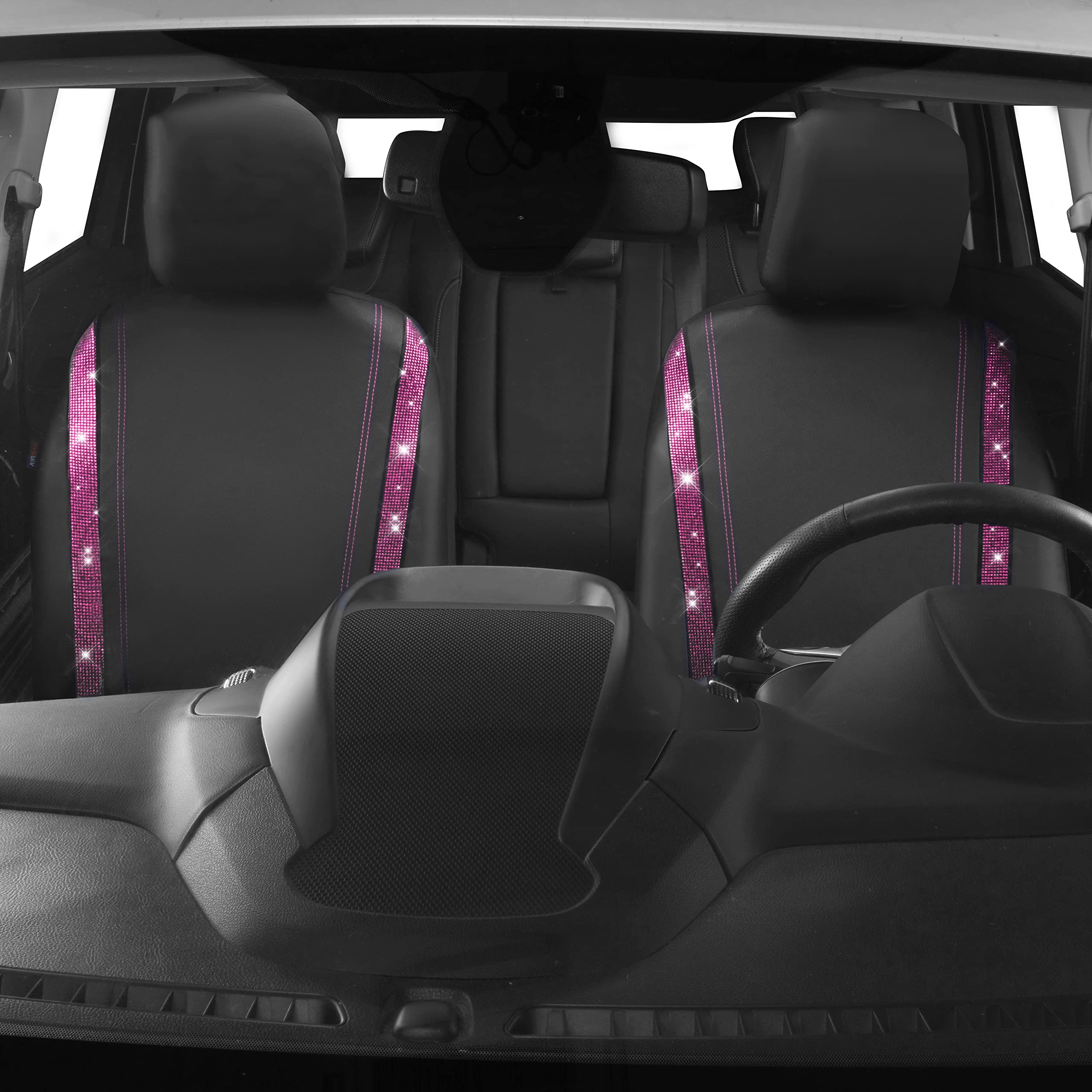 Car Pass Leather Diamond Bling Car Seat Covers 2 Front Interior Sets, Waterproof Universal Shining Glitter Crystal Sparkle Fit F