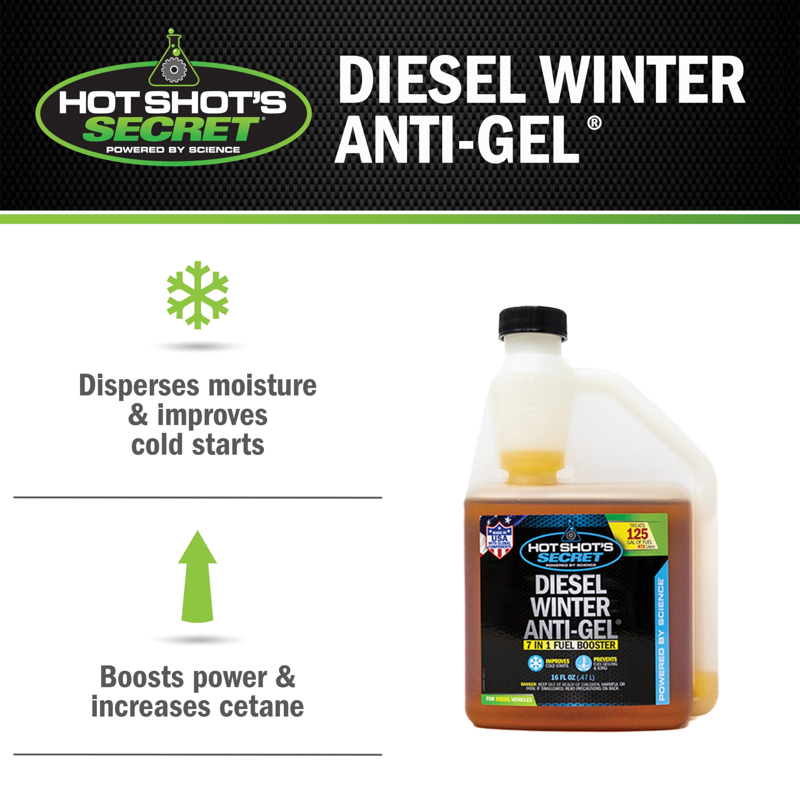 Hot Shot'S Secret Diesel Winter Anti-Gel– 16 Oz Squeeze, 7-In-1 Diesel Fuel Additive – Prevents Gelling And Fuel Line Freeze-Ups – Boosts Cetane – Cleans Injectors – Improves Performance, Amber
