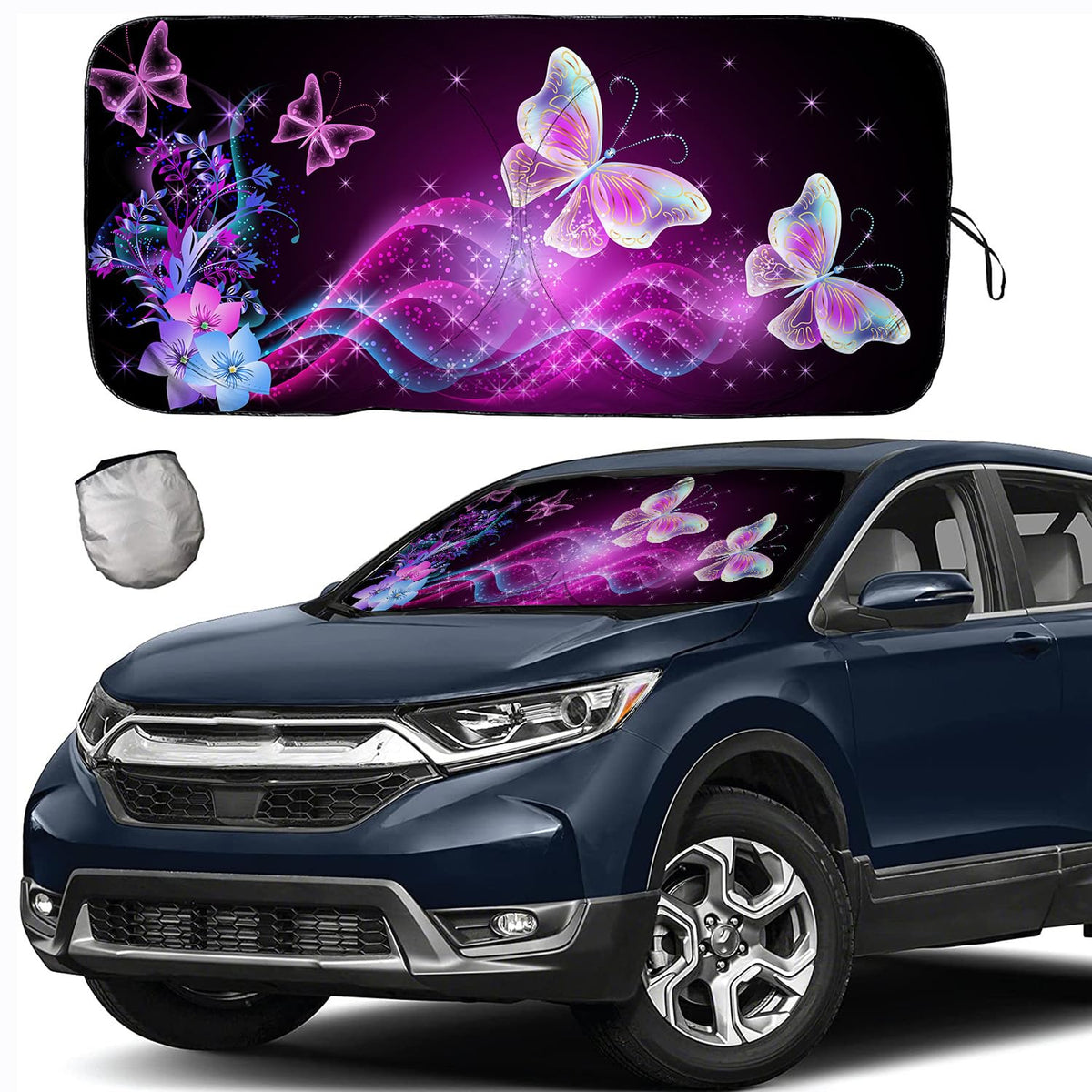 Bling Purple Butterfly Floral Rose Car Windshield Sun Shades, SUV Truck Sun Shade, UV Protection, 63 L x 33.5 W