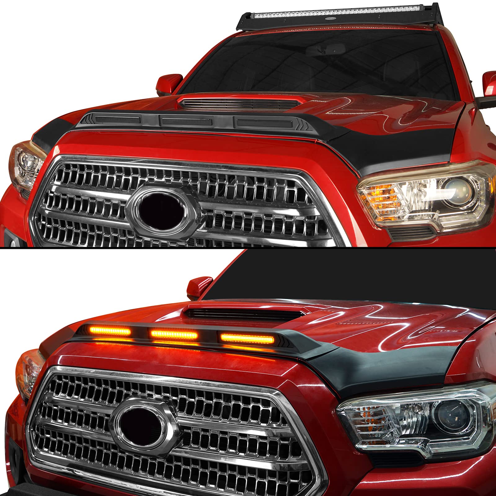 Hooke Road Tacoma Hood Deflector Bug Protector Shield Guard with Amber LED Lights for Toyota Tacoma 3rd Gen 2016 2017 2018 2019