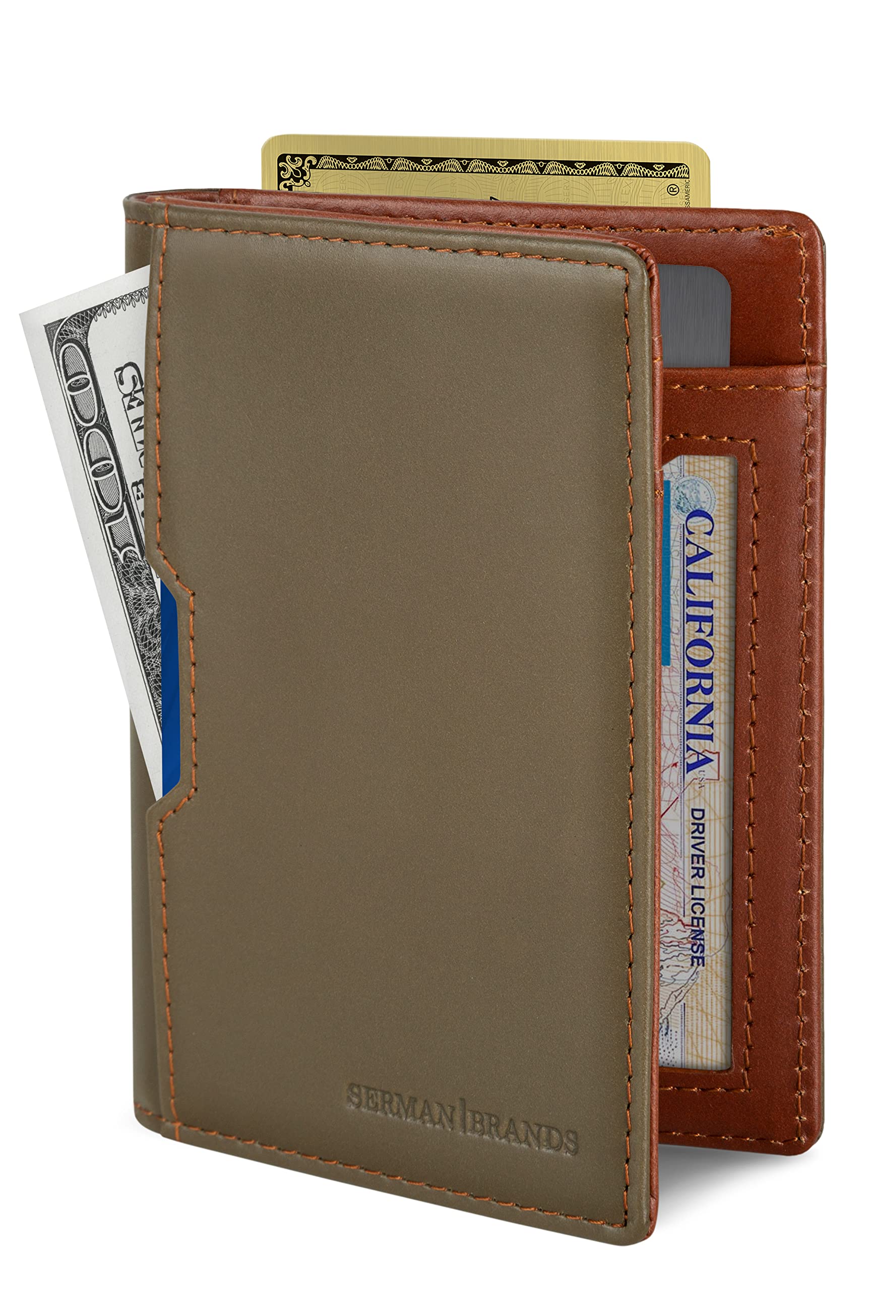 SERMAN BRANDS - Wallets for Men Slim Mens leather RFID Blocking Minimalist Card Front Pocket Bifold Travel Thin (Army Green 5.0)-New