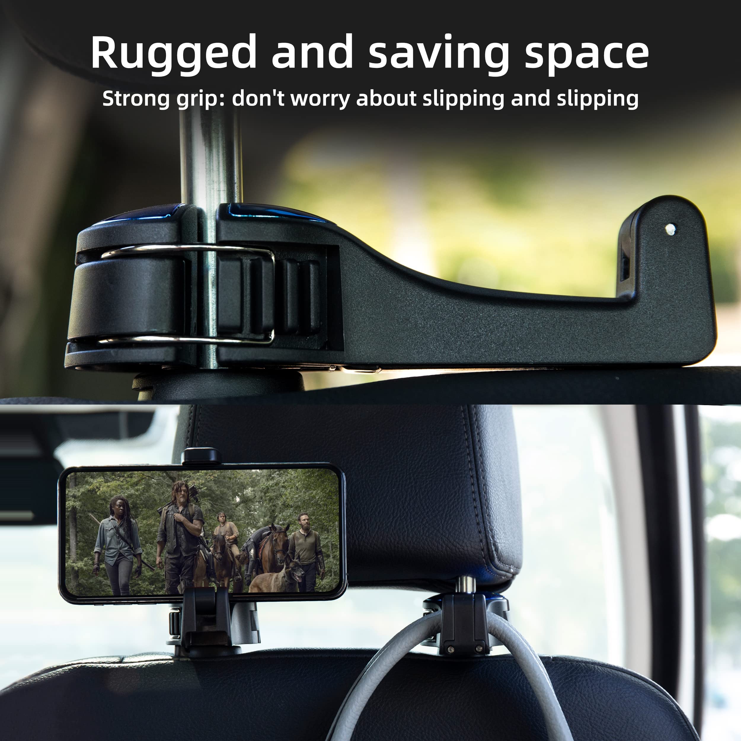 Amooca Car Seat Hooks For Purses And Bags With Phone Holder, Universal Car Headrest Storage Organizer Hanger Hook With Lock, 360