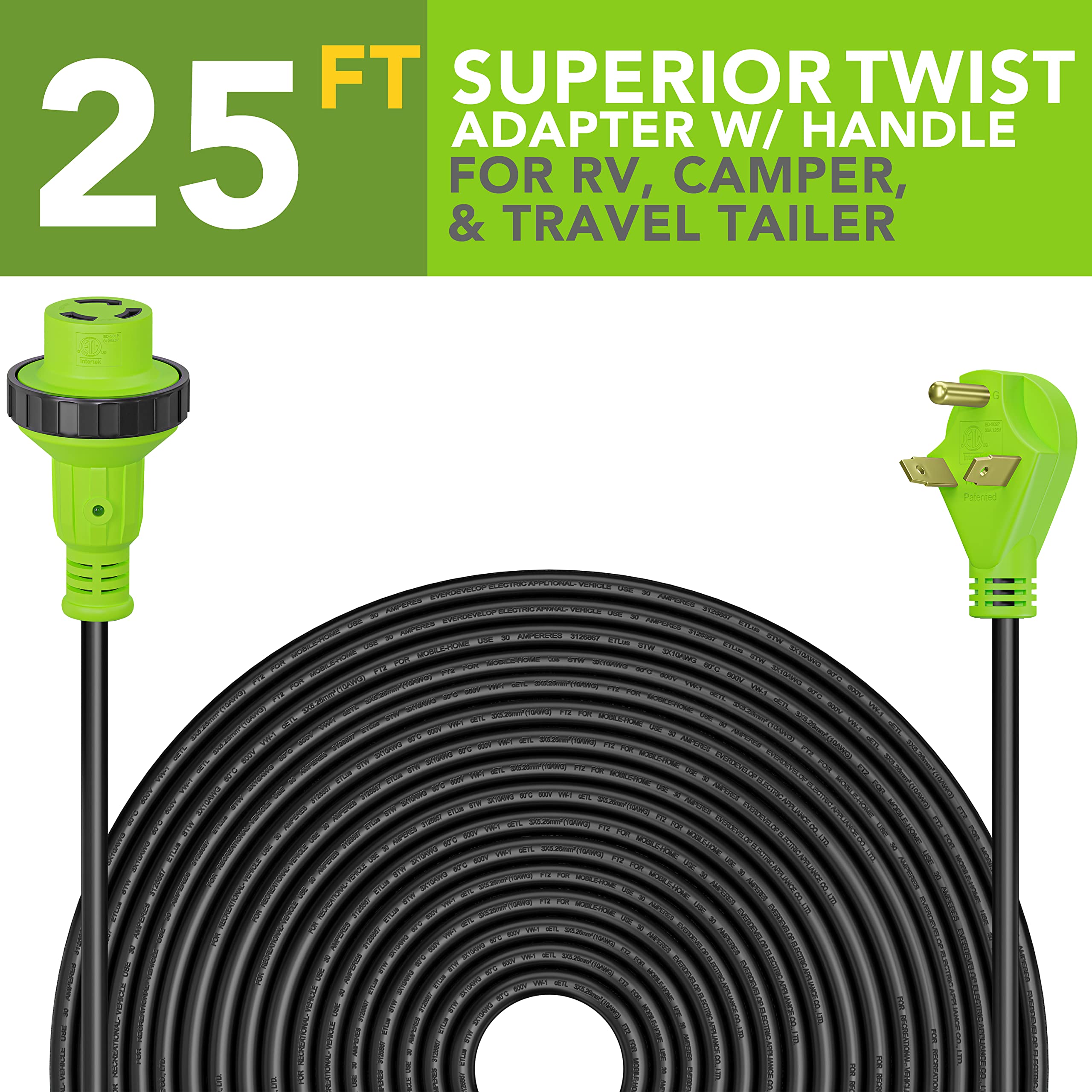 Leisure Cords 25' Power/Extension Cord with 30 AMP Male Standard/30 AMP Female Locking Adapter (30 Amp - 25 Foot)